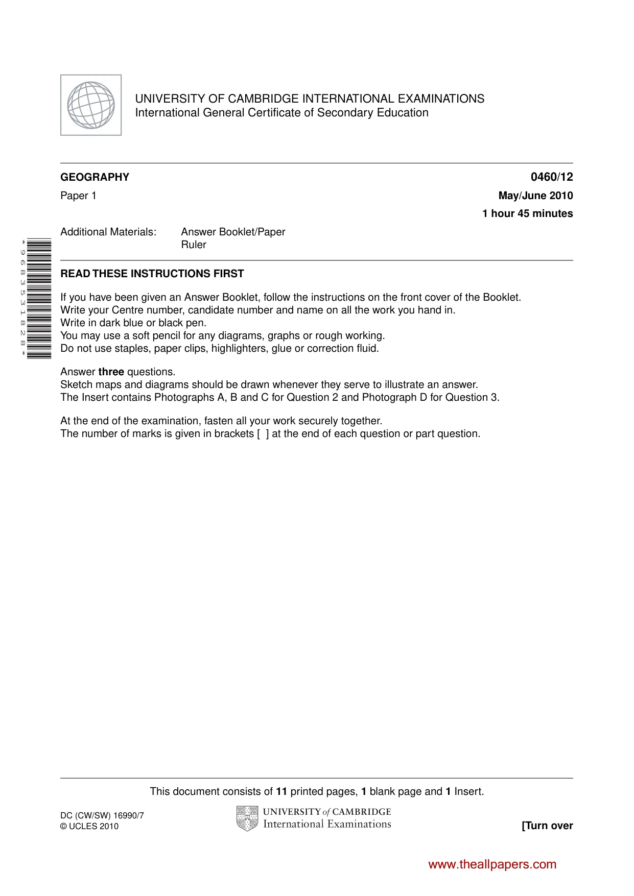Cambridge IGCSE Geography 0460 2010 May/June Paper 1 · Variant 2 question paper, page 1 of 12