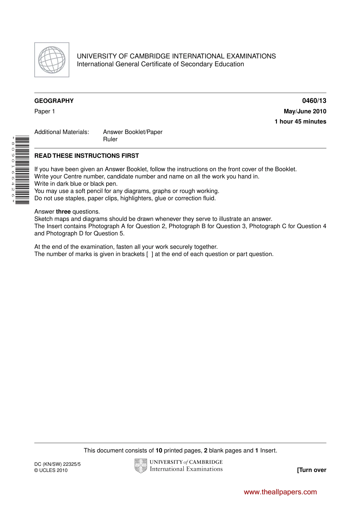 Cambridge IGCSE Geography 0460 2010 May/June Paper 1 · Variant 3 question paper, page 1 of 12