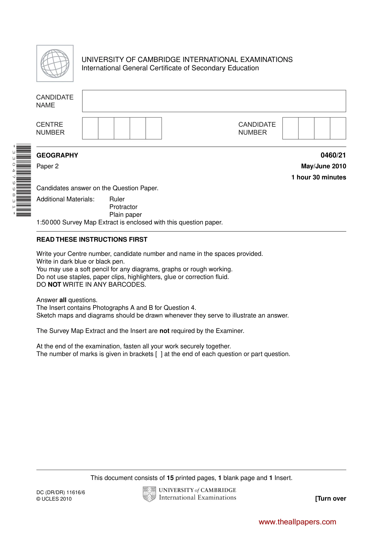 Cambridge IGCSE Geography 0460 2010 May/June Paper 2 · Variant 1 question paper, page 1 of 16