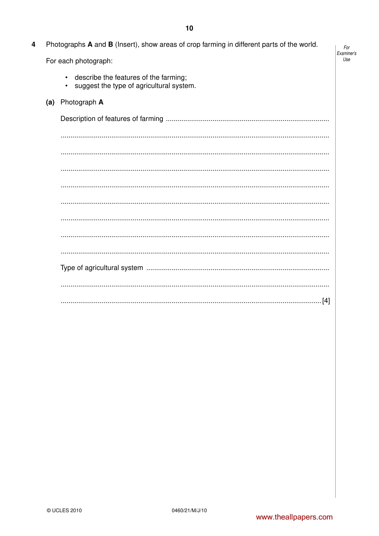 Cambridge IGCSE Geography 0460 2010 May/June Paper 2 · Variant 1 question paper, page 10 of 16
