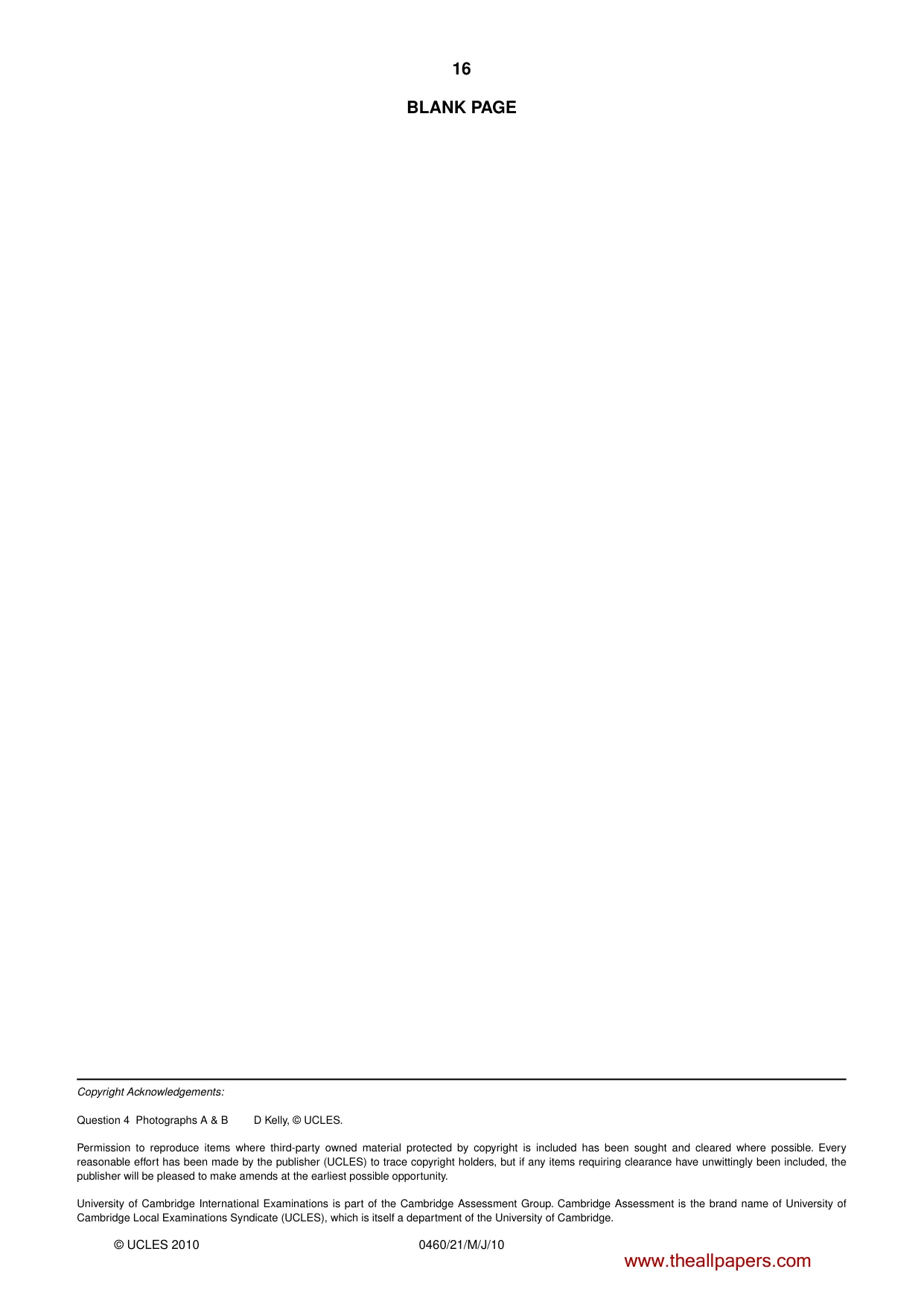 Cambridge IGCSE Geography 0460 2010 May/June Paper 2 · Variant 1 question paper, page 16 of 16