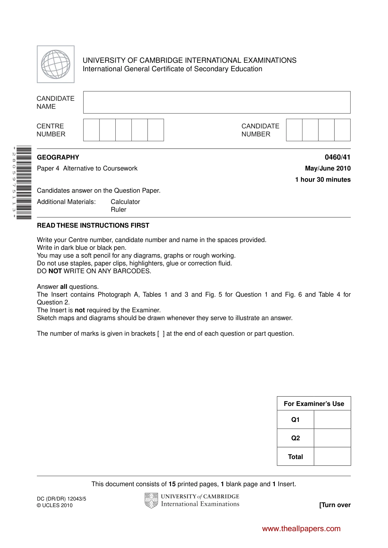 Cambridge IGCSE Geography 0460 2010 May/June Paper 4 · Variant 1 question paper, page 1 of 16