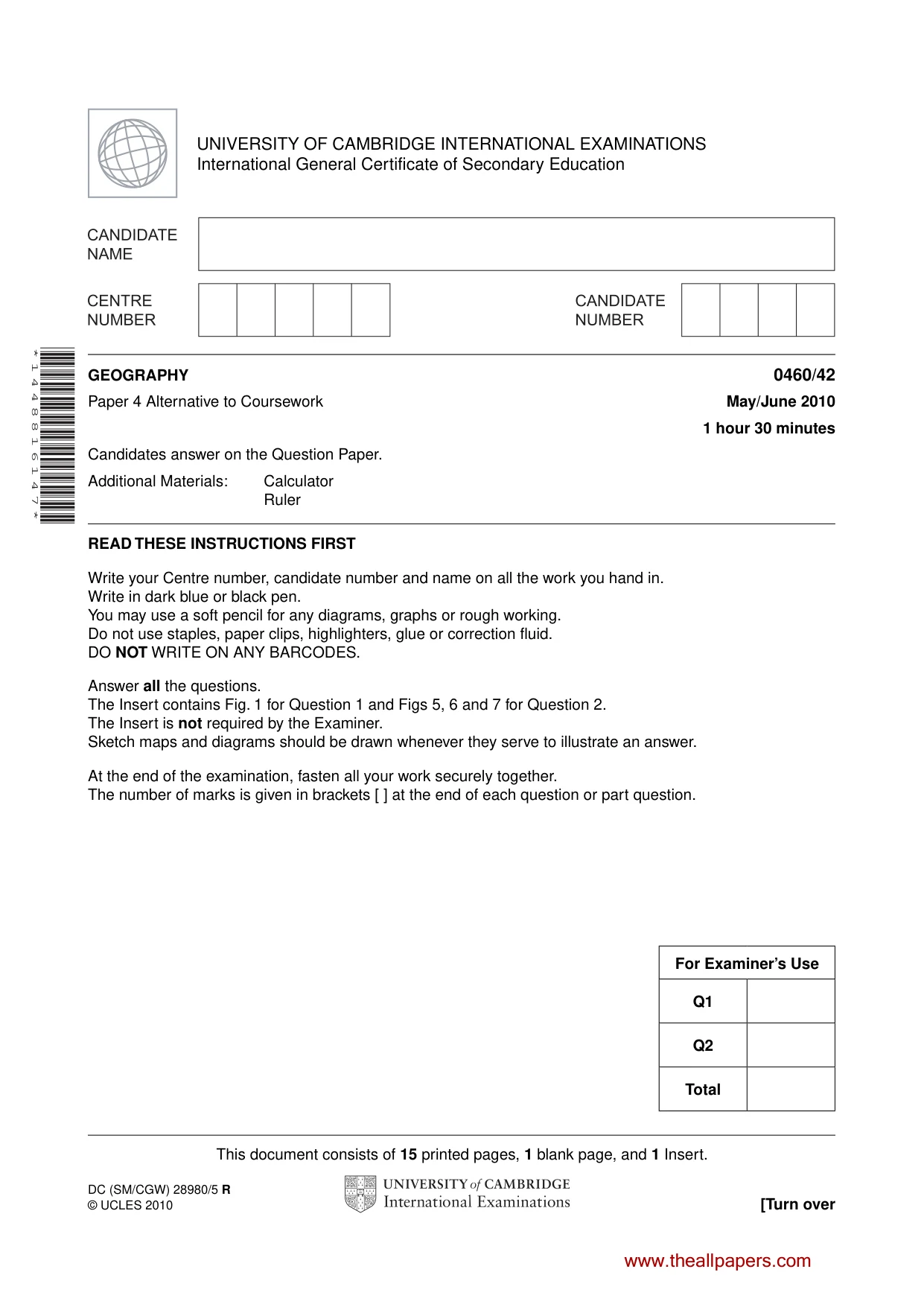 Cambridge IGCSE Geography 0460 2010 May/June Paper 4 · Variant 2 question paper, page 1 of 16
