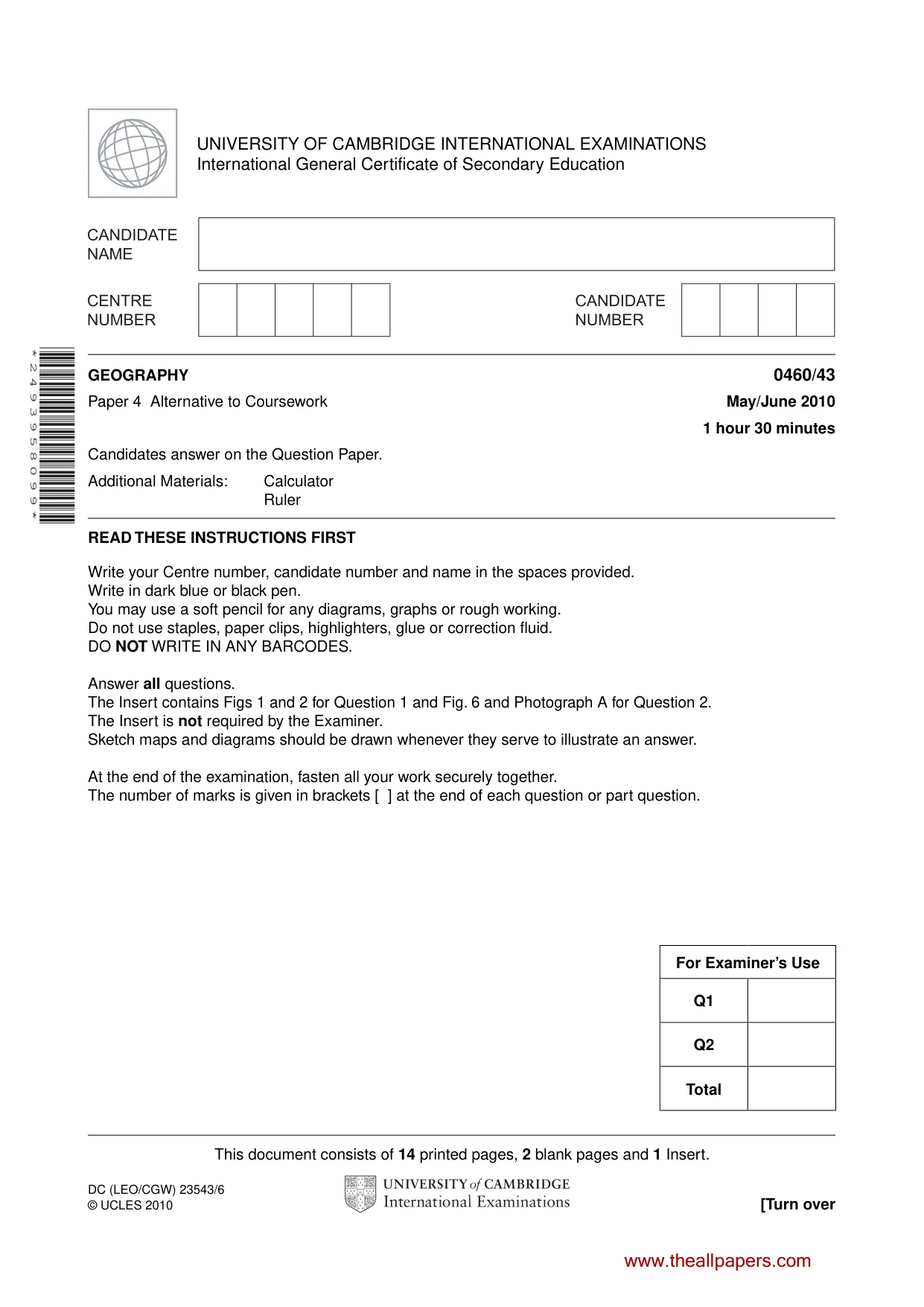 Cambridge IGCSE Geography 0460 2010 May/June Paper 4 · Variant 3 question paper, page 1 of 16