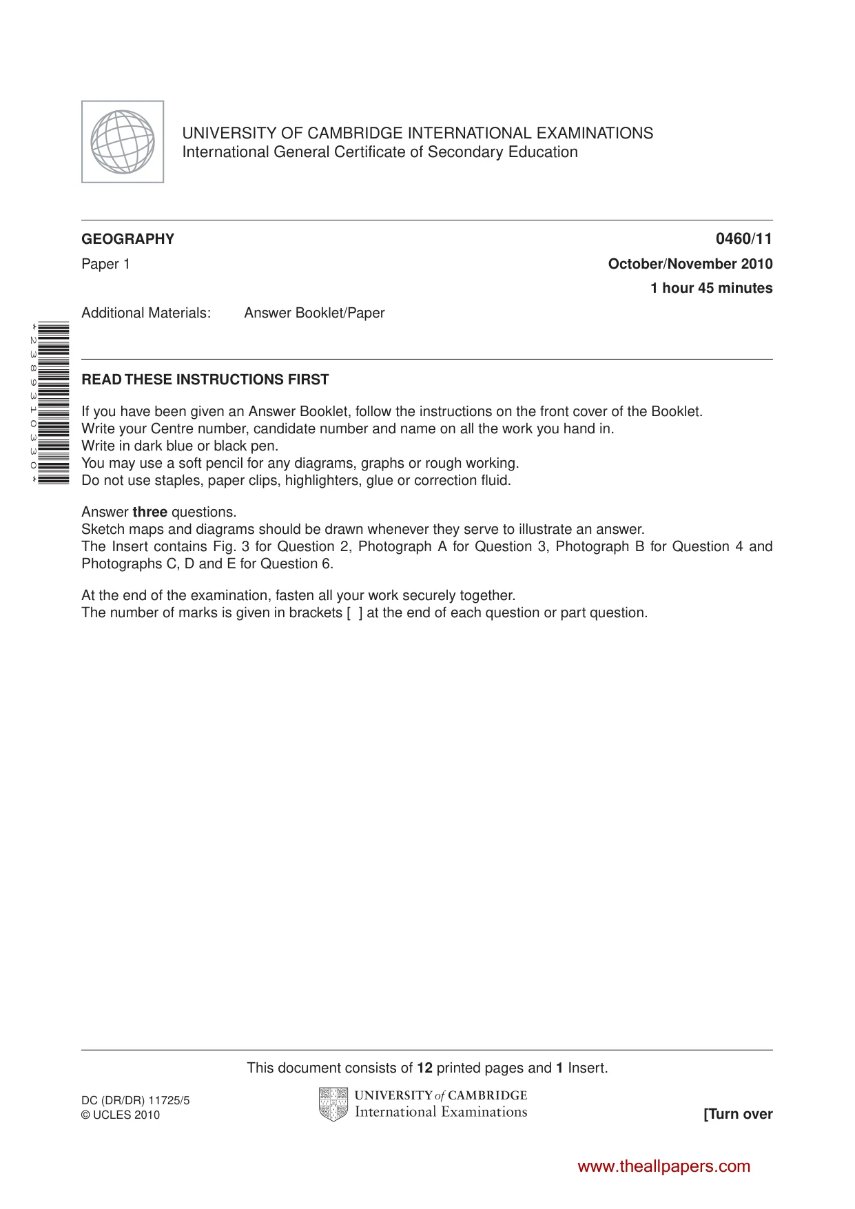 Cambridge IGCSE Geography 0460 2010 Oct/Nov Paper 1 · Variant 1 question paper, page 1 of 11