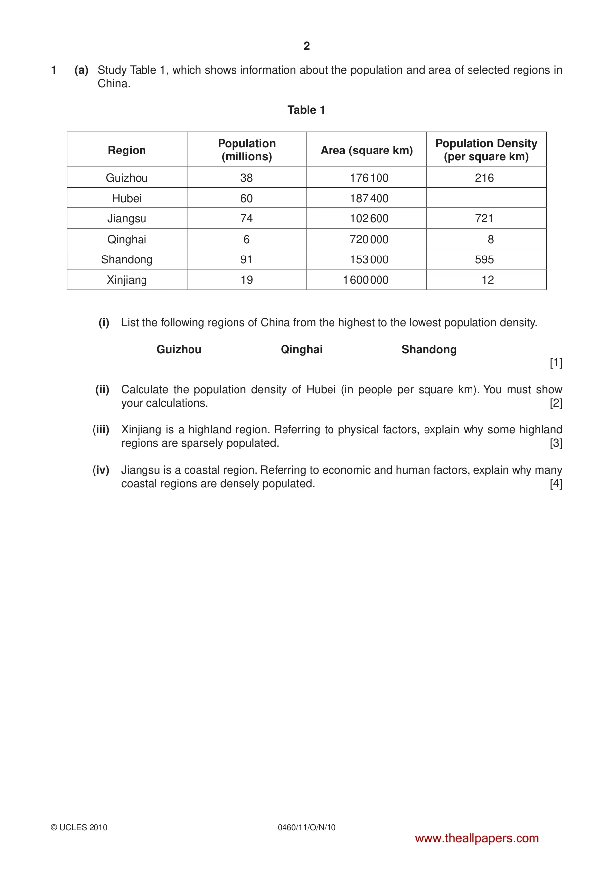 Cambridge IGCSE Geography 0460 2010 Oct/Nov Paper 1 · Variant 1 question paper, page 2 of 11