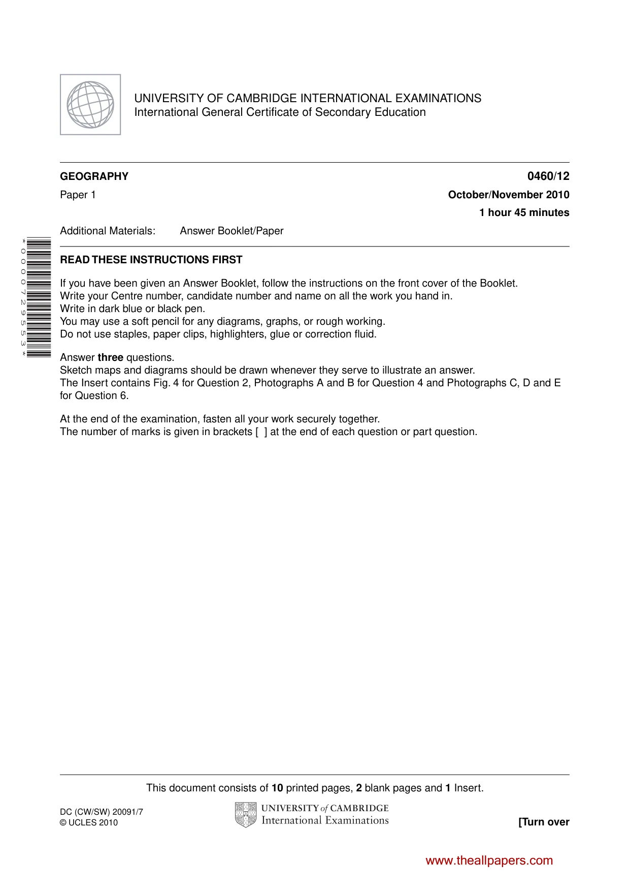 Cambridge IGCSE Geography 0460 2010 Oct/Nov Paper 1 · Variant 2 question paper, page 1 of 12