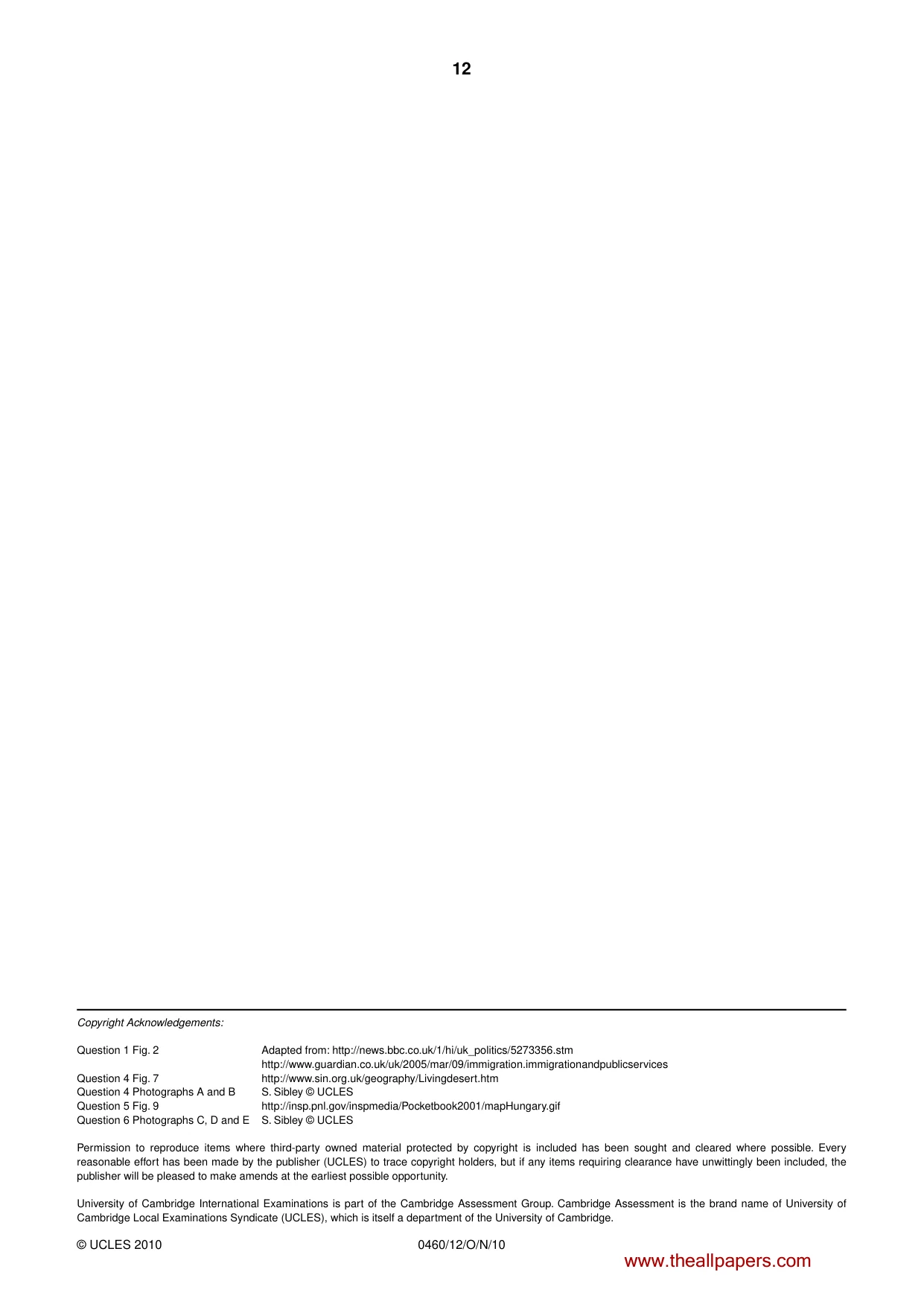Cambridge IGCSE Geography 0460 2010 Oct/Nov Paper 1 · Variant 2 question paper, page 12 of 12