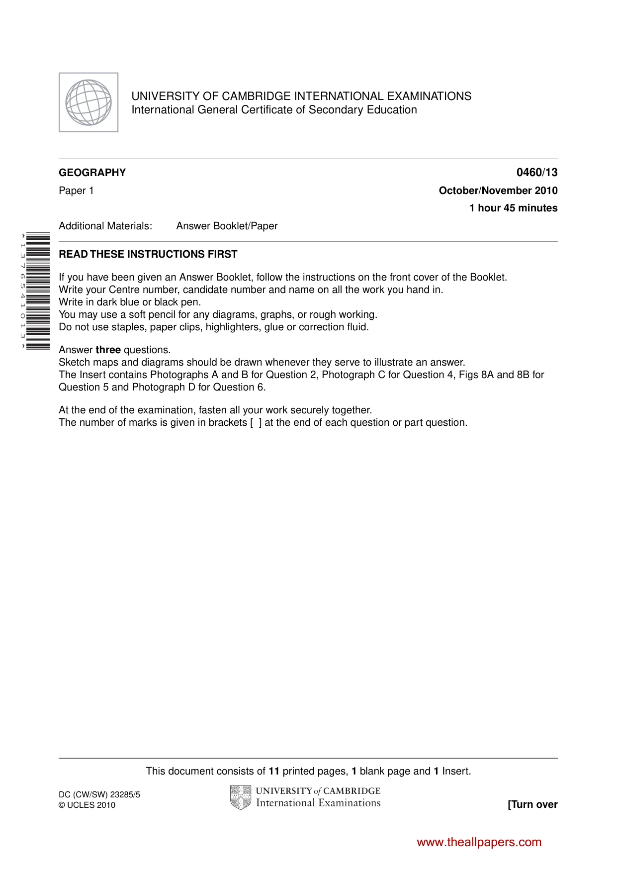 Cambridge IGCSE Geography 0460 2010 Oct/Nov Paper 1 · Variant 3 question paper, page 1 of 12
