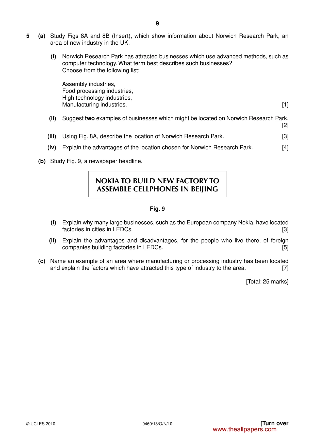 Cambridge IGCSE Geography 0460 2010 Oct/Nov Paper 1 · Variant 3 question paper, page 9 of 12