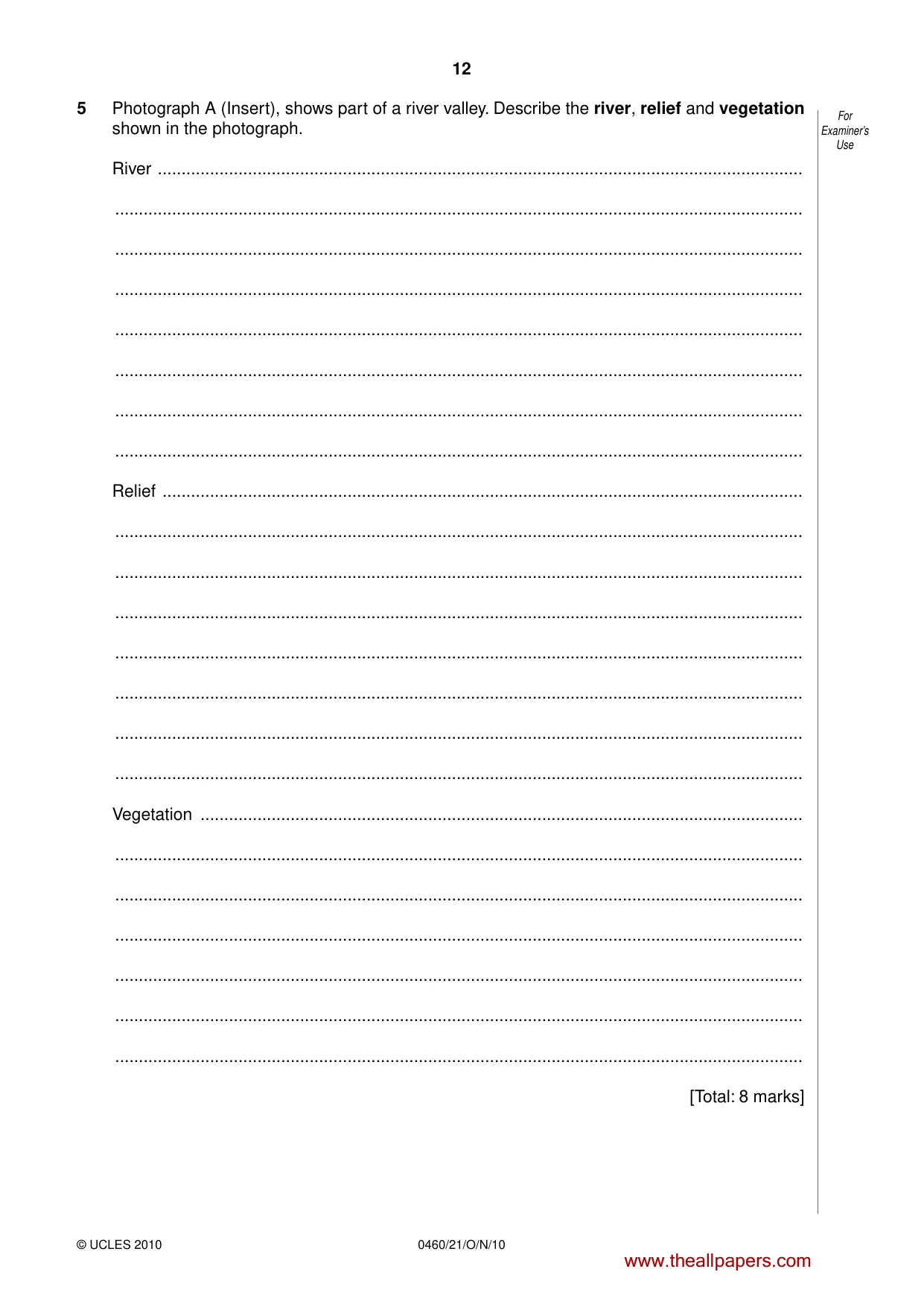 Cambridge IGCSE Geography 0460 2010 Oct/Nov Paper 2 · Variant 1 question paper, page 12 of 16