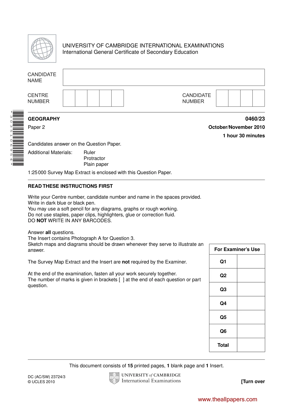 Cambridge IGCSE Geography 0460 2010 Oct/Nov Paper 2 · Variant 3 question paper, page 1 of 16