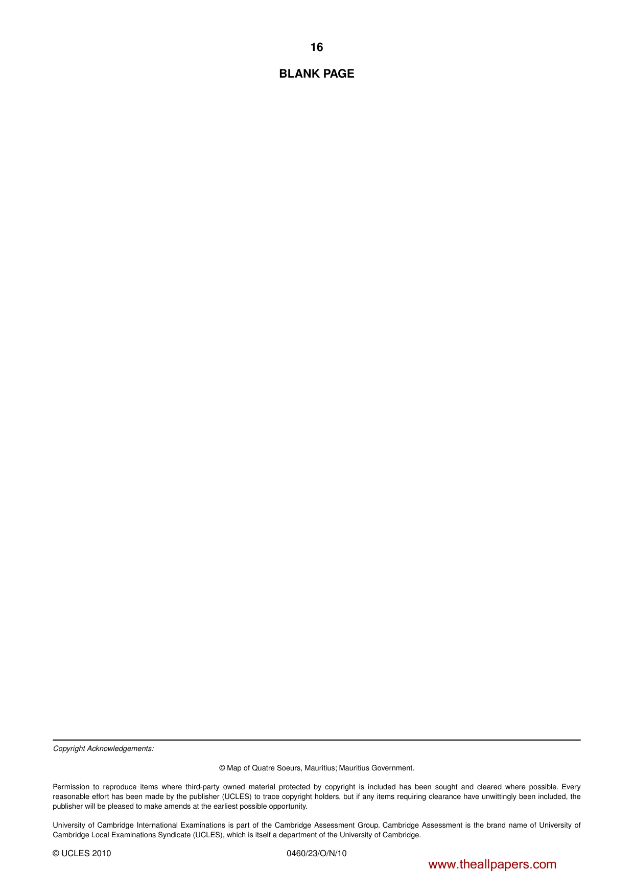 Cambridge IGCSE Geography 0460 2010 Oct/Nov Paper 2 · Variant 3 question paper, page 16 of 16