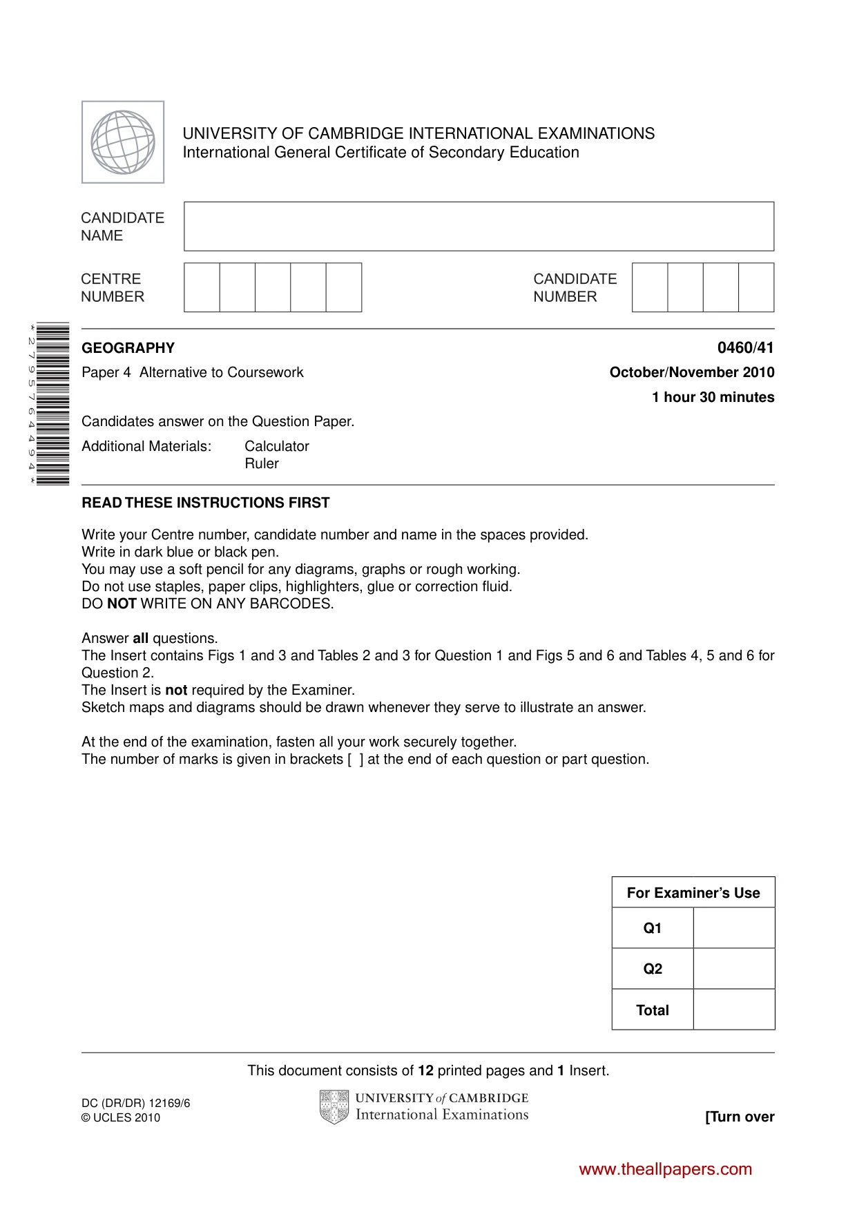 Cambridge IGCSE Geography 0460 2010 Oct/Nov Paper 4 · Variant 1 question paper, page 1 of 12