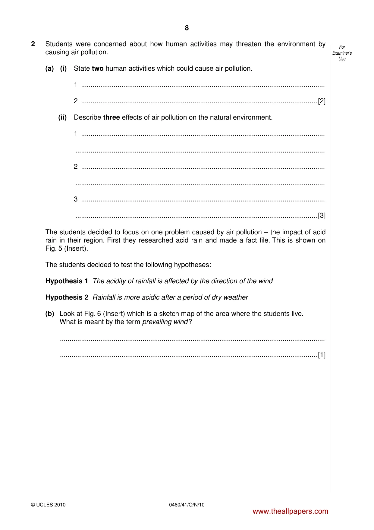 Cambridge IGCSE Geography 0460 2010 Oct/Nov Paper 4 · Variant 1 question paper, page 8 of 12