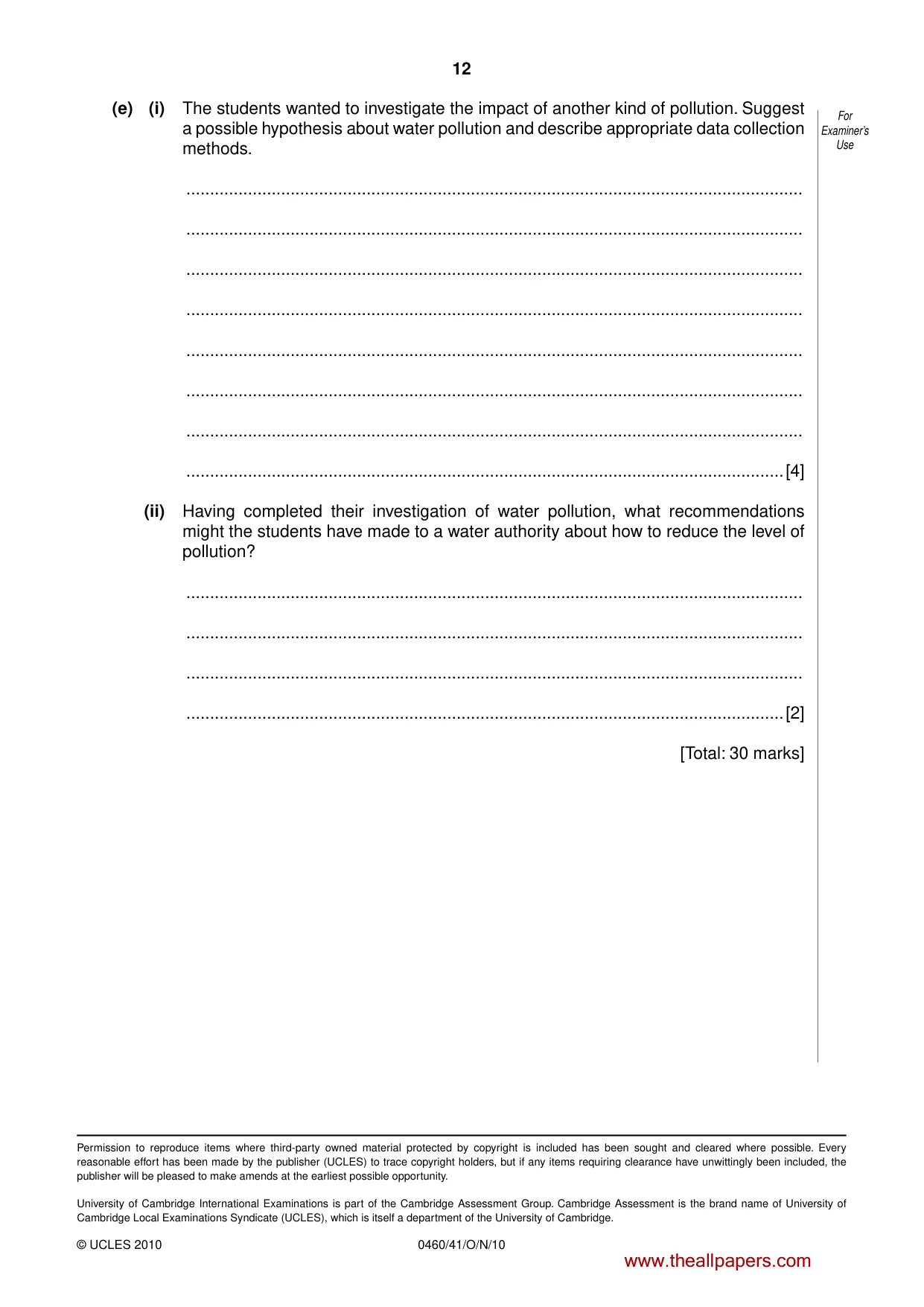 Cambridge IGCSE Geography 0460 2010 Oct/Nov Paper 4 · Variant 1 question paper, page 12 of 12