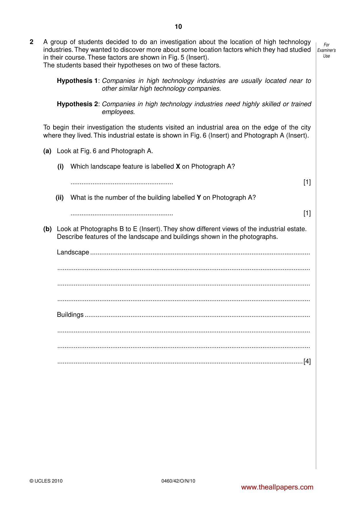 Cambridge IGCSE Geography 0460 2010 Oct/Nov Paper 4 · Variant 2 question paper, page 10 of 16