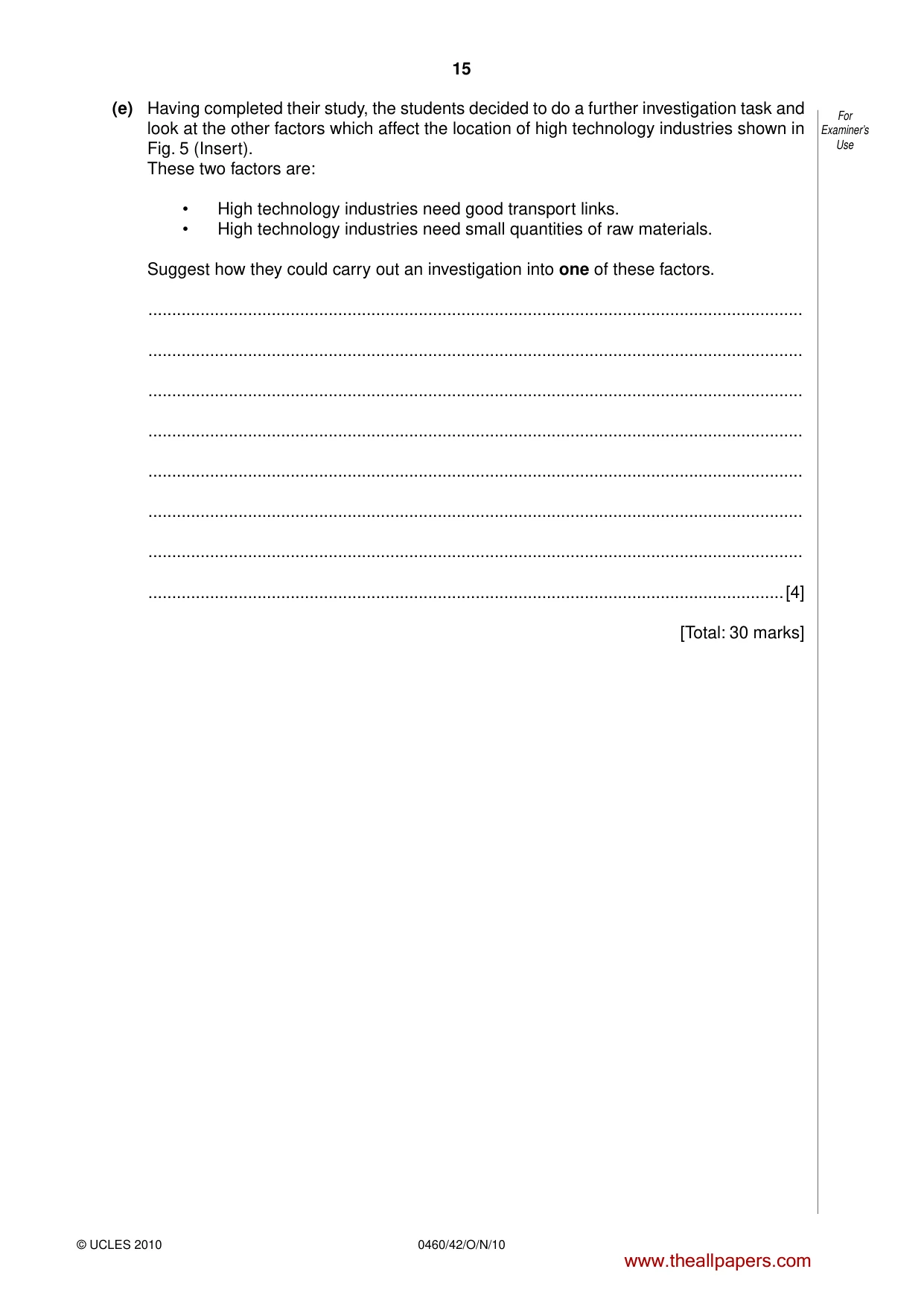 Cambridge IGCSE Geography 0460 2010 Oct/Nov Paper 4 · Variant 2 question paper, page 15 of 16