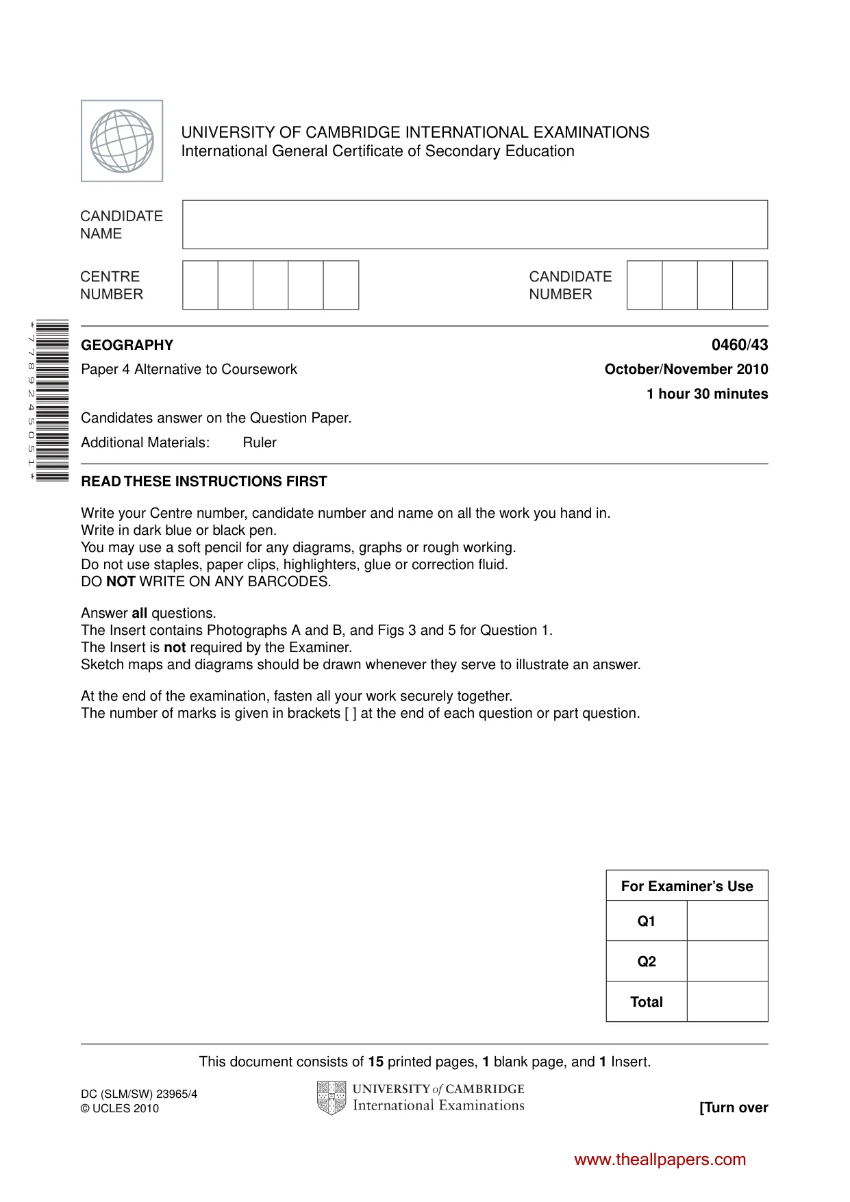 Cambridge IGCSE Geography 0460 2010 Oct/Nov Paper 4 · Variant 3 question paper, page 1 of 16