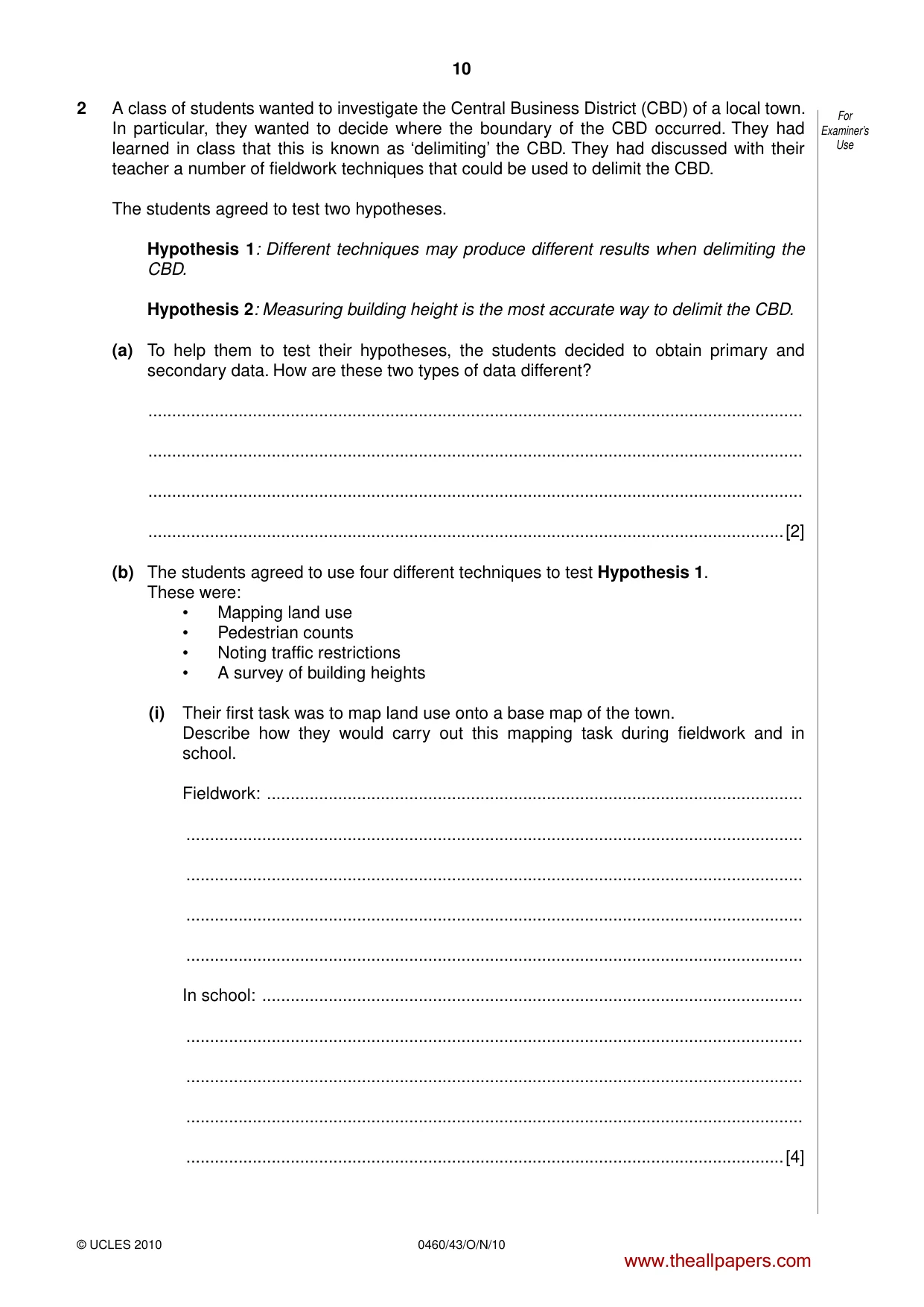 Cambridge IGCSE Geography 0460 2010 Oct/Nov Paper 4 · Variant 3 question paper, page 10 of 16