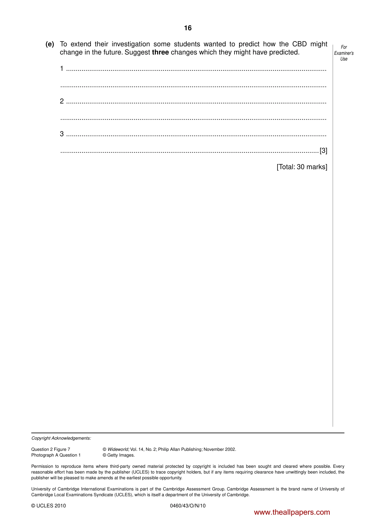 Cambridge IGCSE Geography 0460 2010 Oct/Nov Paper 4 · Variant 3 question paper, page 16 of 16