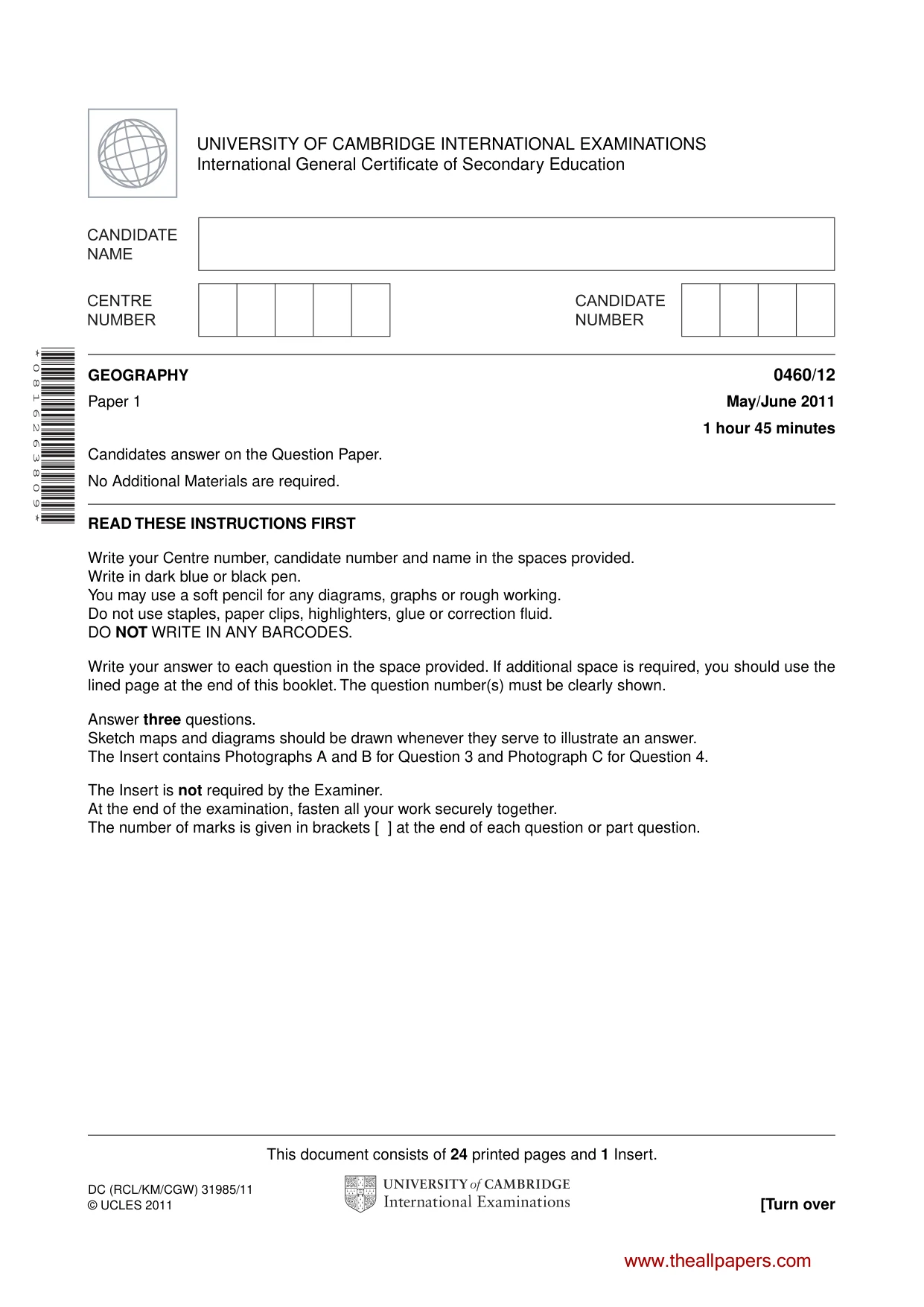 Cambridge IGCSE Geography 0460 2011 May/June Paper 1 · Variant 2 question paper, page 1 of 24