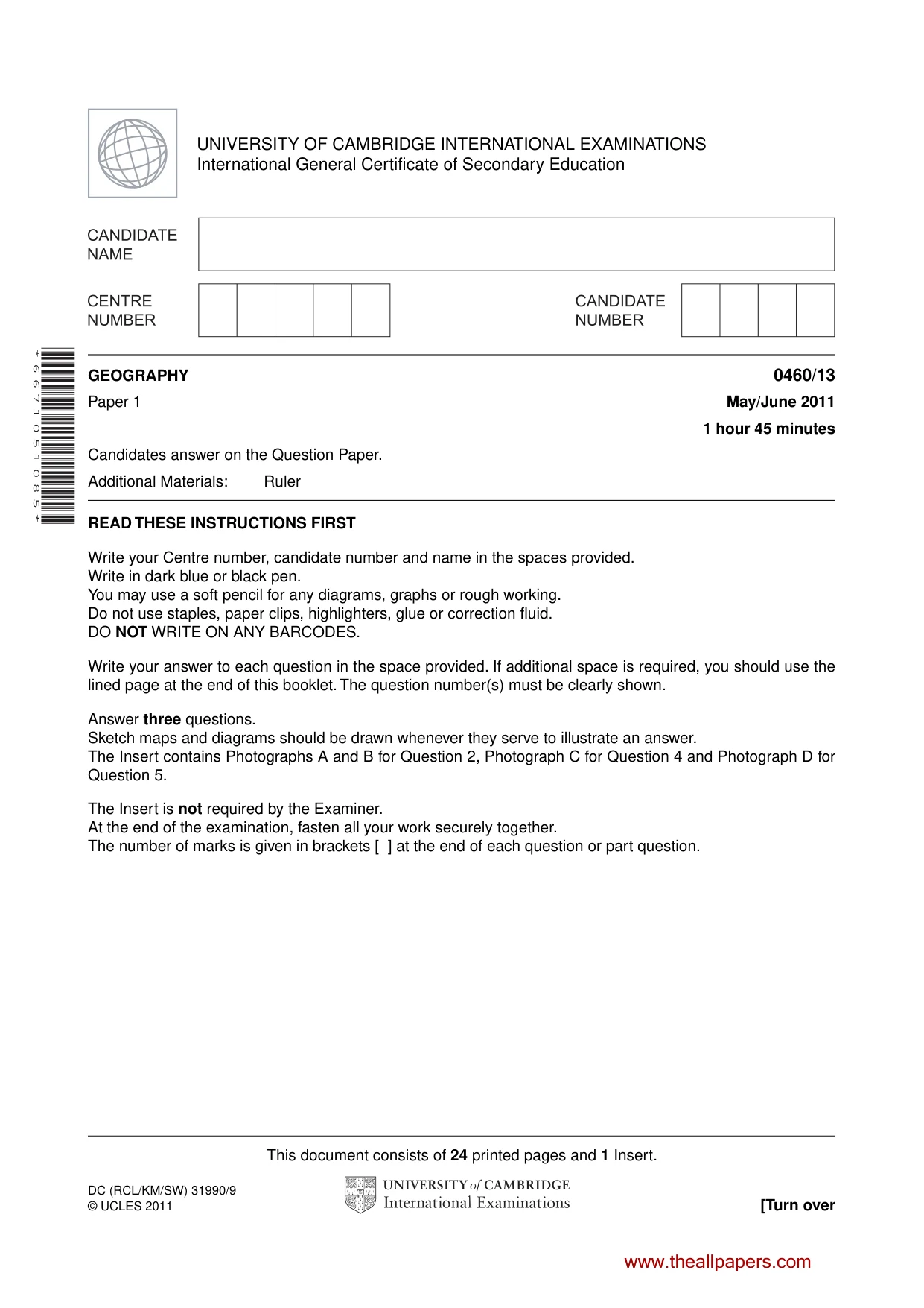 Cambridge IGCSE Geography 0460 2011 May/June Paper 1 · Variant 3 question paper, page 1 of 24