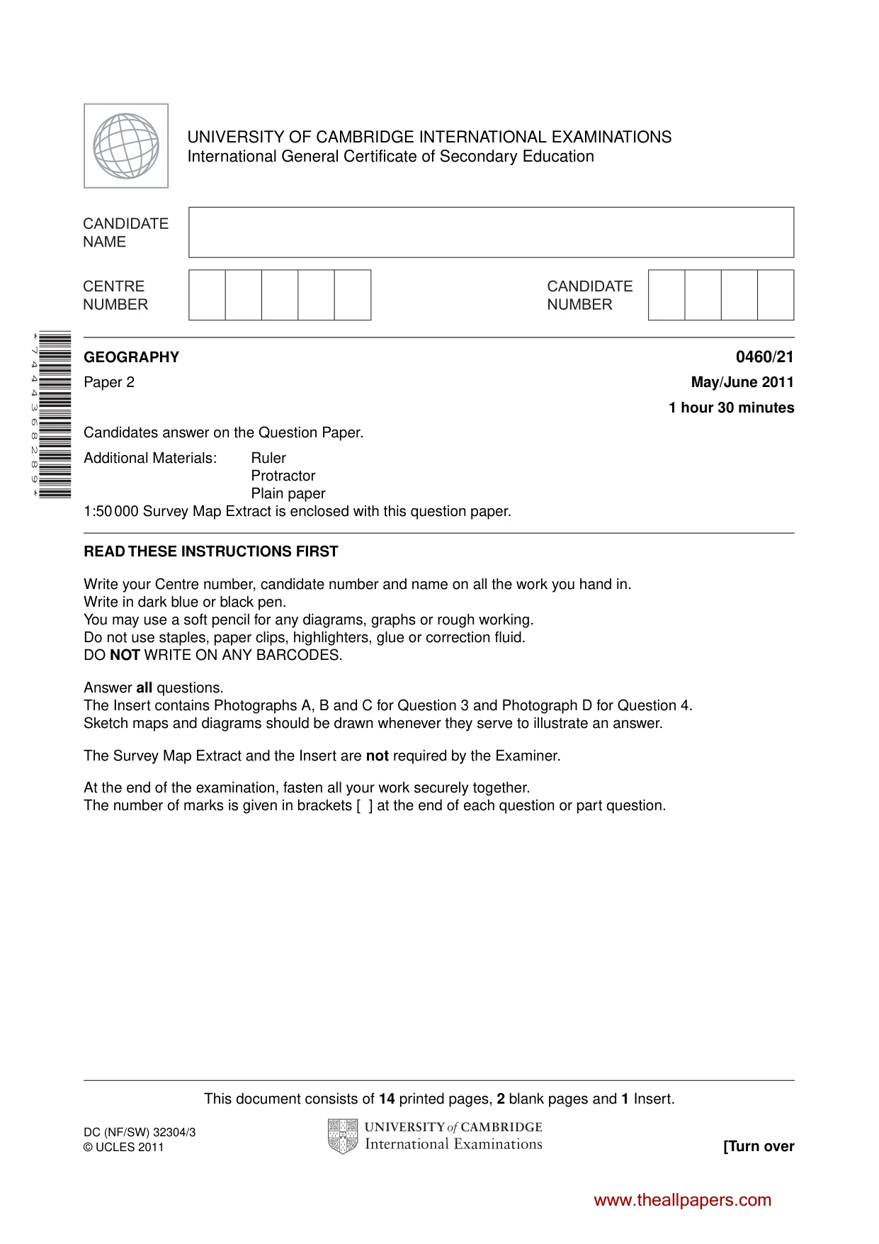 Cambridge IGCSE Geography 0460 2011 May/June Paper 2 · Variant 1 question paper, page 1 of 16