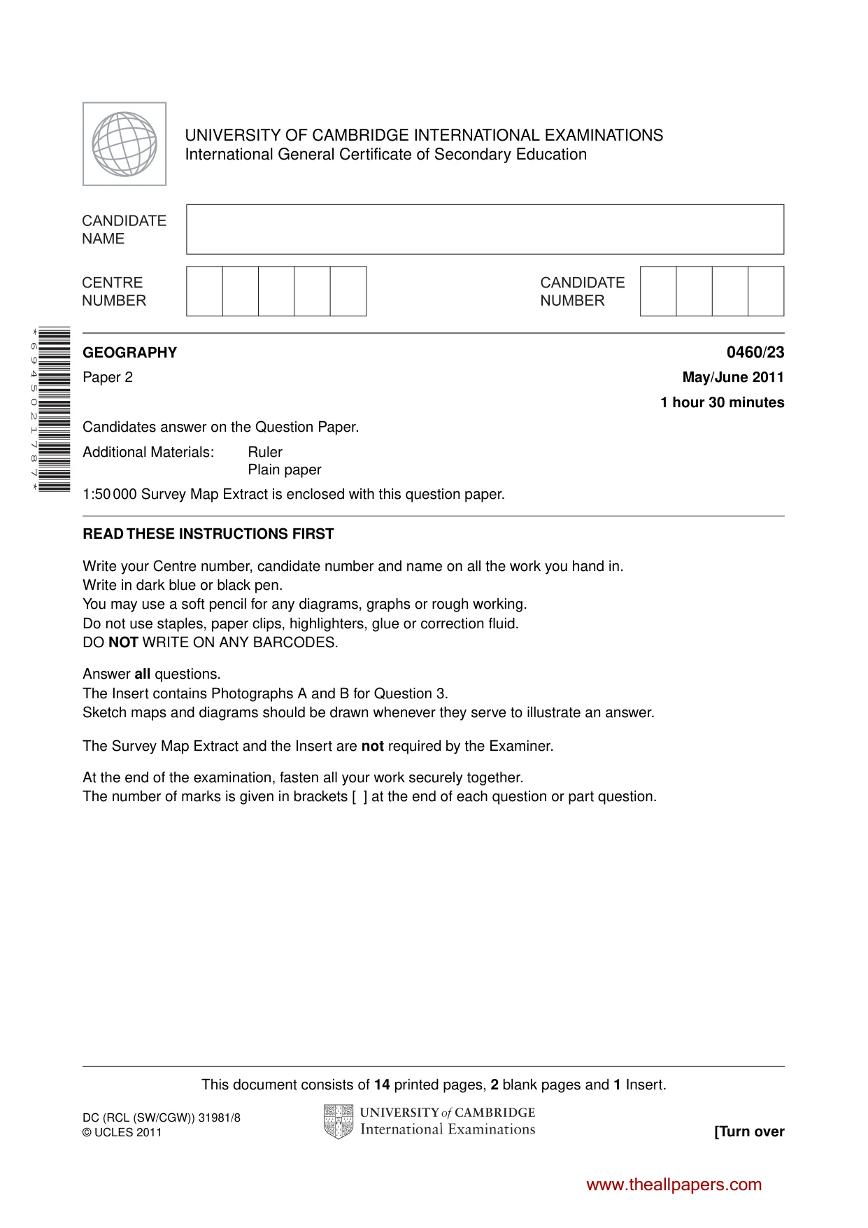 Cambridge IGCSE Geography 0460 2011 May/June Paper 2 · Variant 3 question paper, page 1 of 16