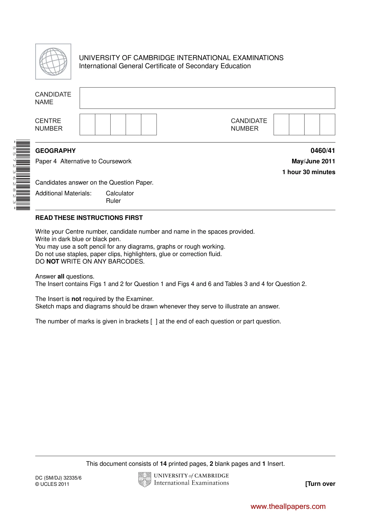 Cambridge IGCSE Geography 0460 2011 May/June Paper 4 · Variant 1 question paper, page 1 of 16