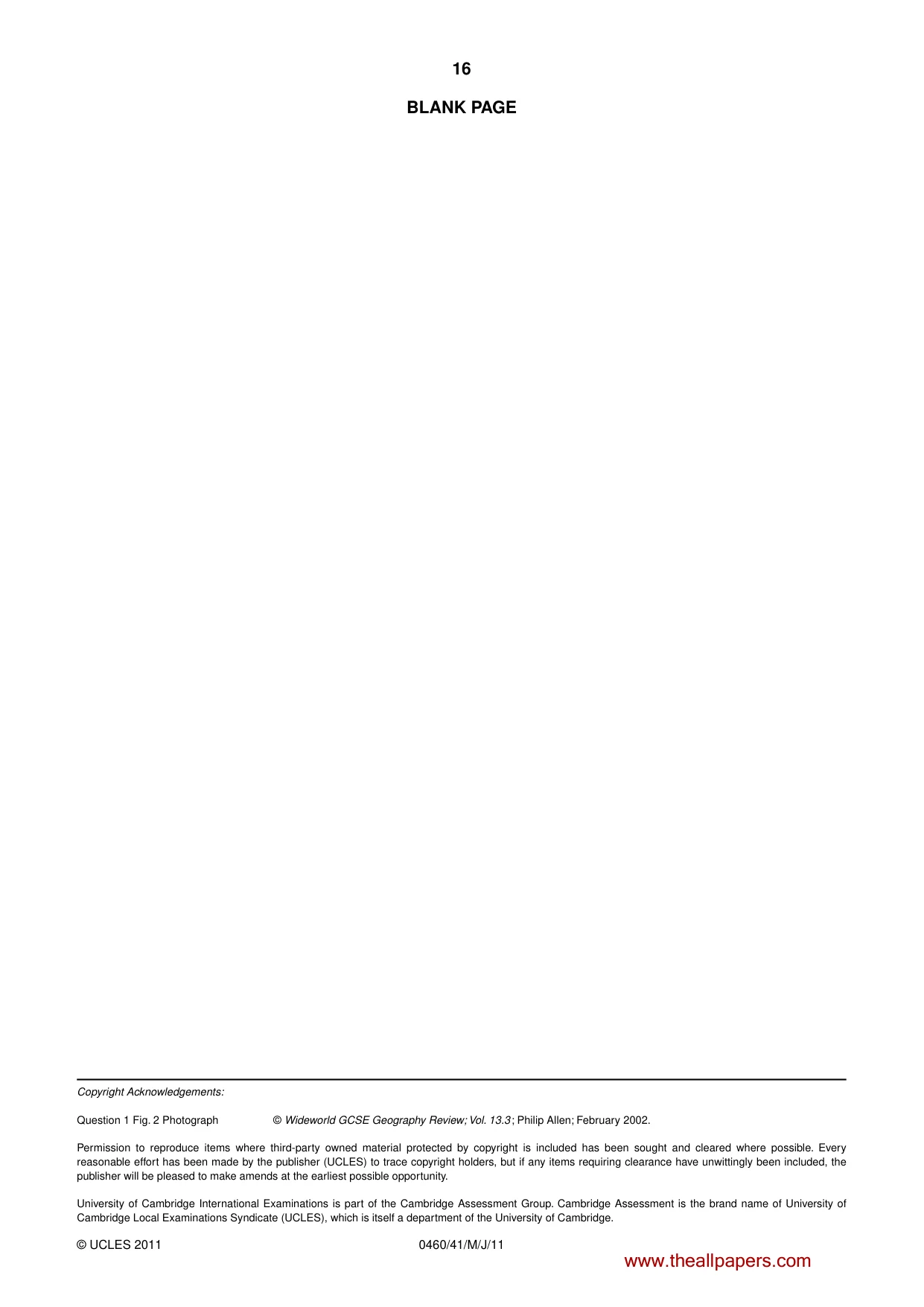 Cambridge IGCSE Geography 0460 2011 May/June Paper 4 · Variant 1 question paper, page 16 of 16