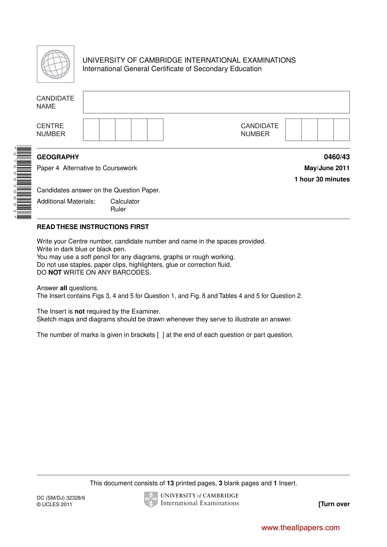 Cambridge IGCSE Geography 0460 2011 May/June Paper 4 · Variant 3 question paper, page 1 of 16