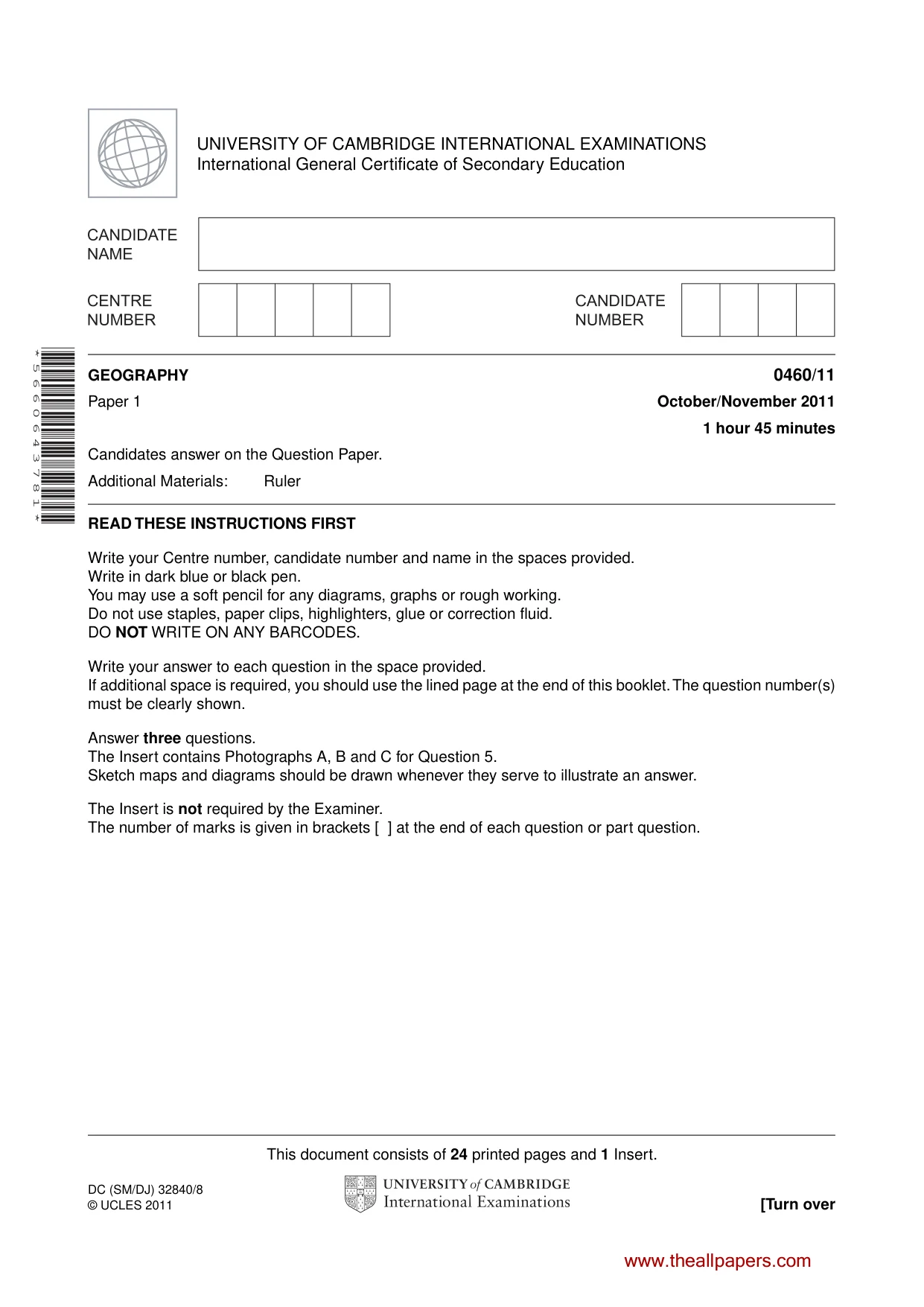 Cambridge IGCSE Geography 0460 2011 Oct/Nov Paper 1 · Variant 1 question paper, page 1 of 24