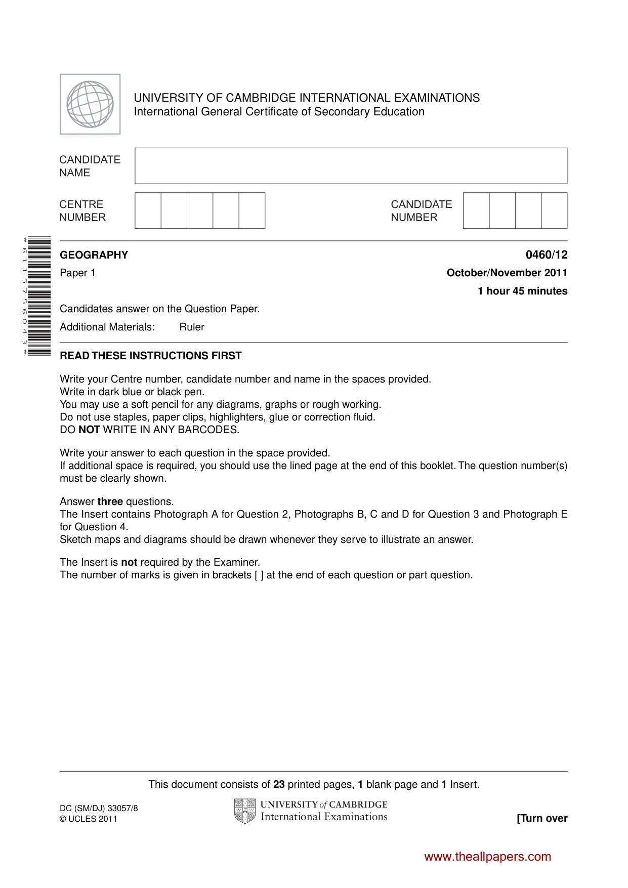 Cambridge IGCSE Geography 0460 2011 Oct/Nov Paper 1 · Variant 2 question paper, page 1 of 24