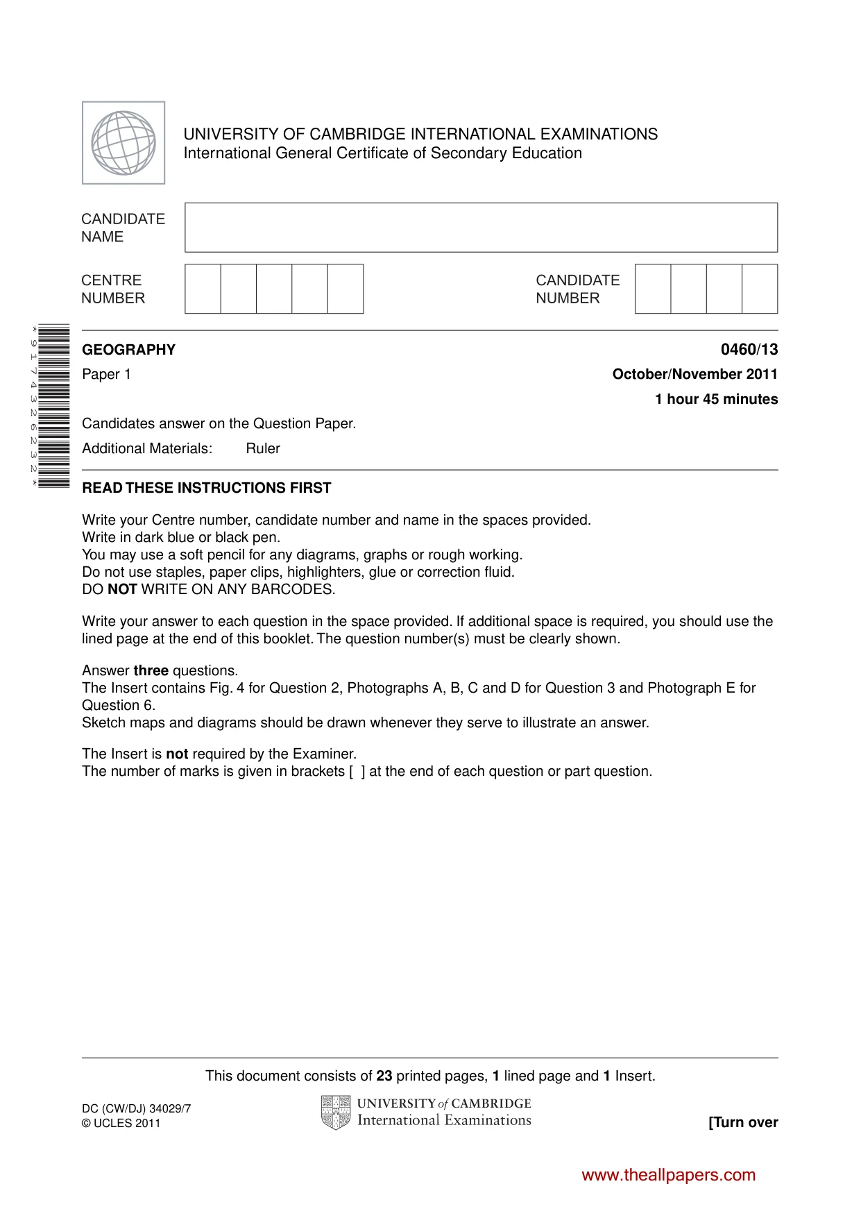 Cambridge IGCSE Geography 0460 2011 Oct/Nov Paper 1 · Variant 3 question paper, page 1 of 24