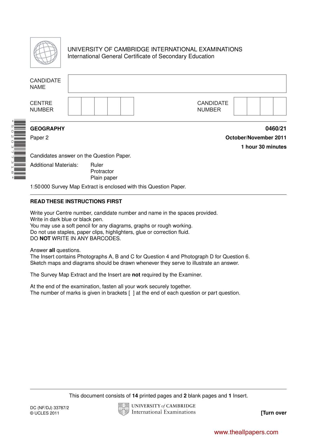 Cambridge IGCSE Geography 0460 2011 Oct/Nov Paper 2 · Variant 1 question paper, page 1 of 16