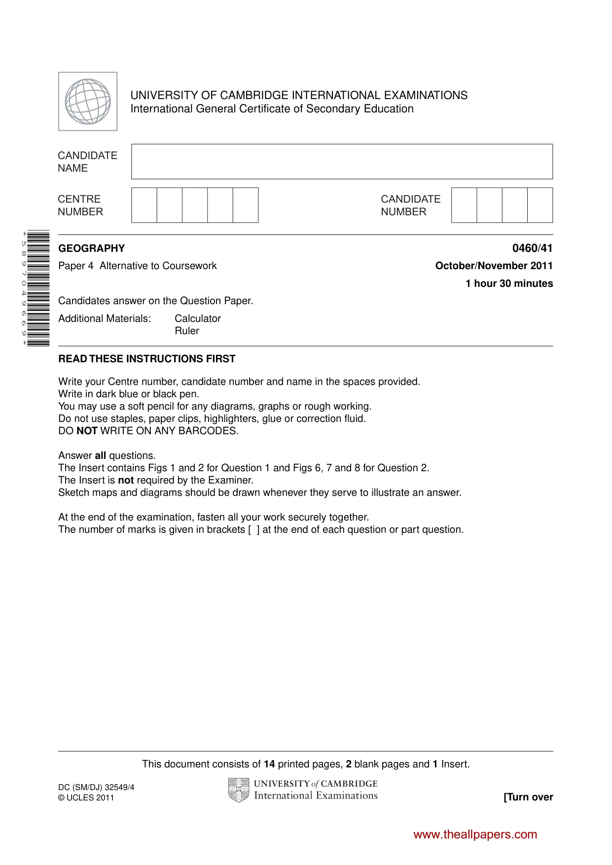 Cambridge IGCSE Geography 0460 2011 Oct/Nov Paper 4 · Variant 1 question paper, page 1 of 16