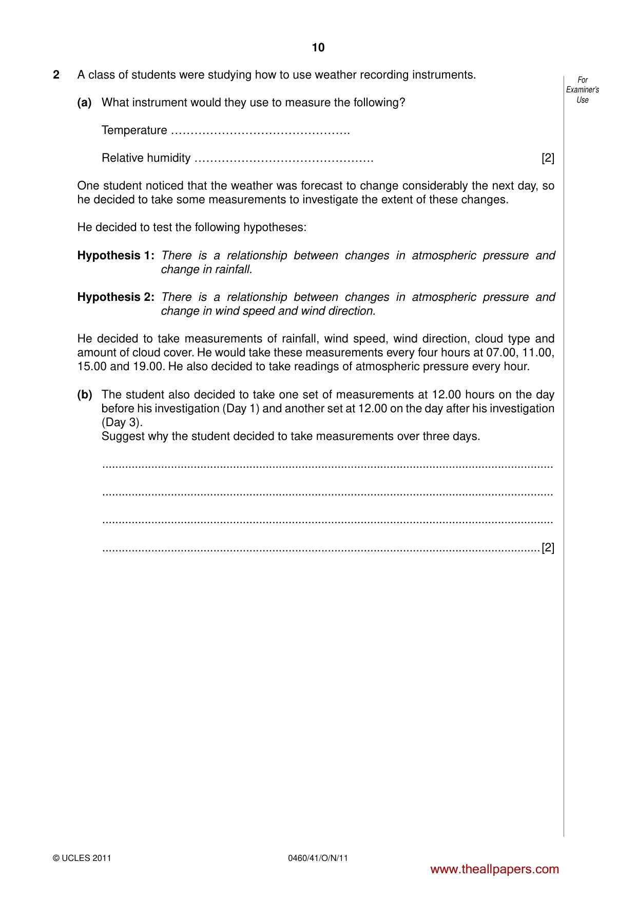 Cambridge IGCSE Geography 0460 2011 Oct/Nov Paper 4 · Variant 1 question paper, page 10 of 16