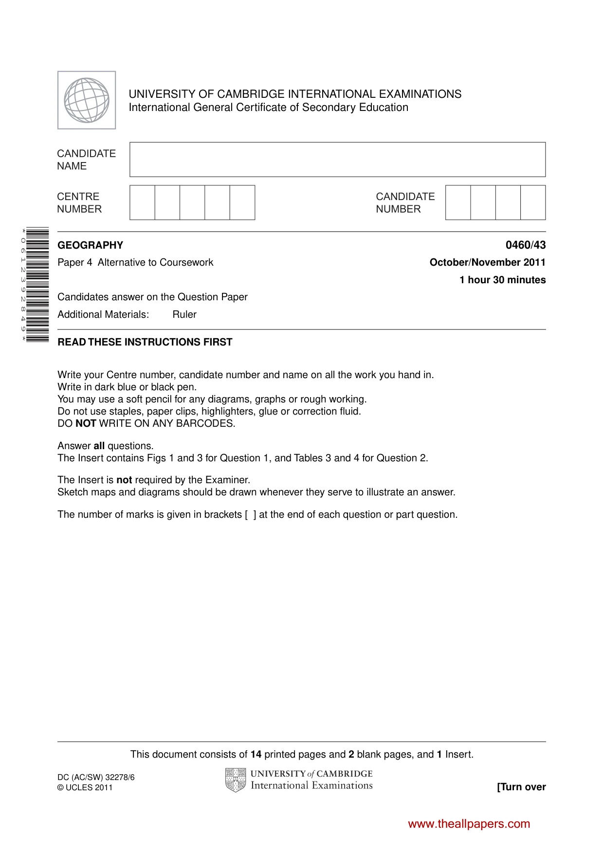Cambridge IGCSE Geography 0460 2011 Oct/Nov Paper 4 · Variant 3 question paper, page 1 of 16