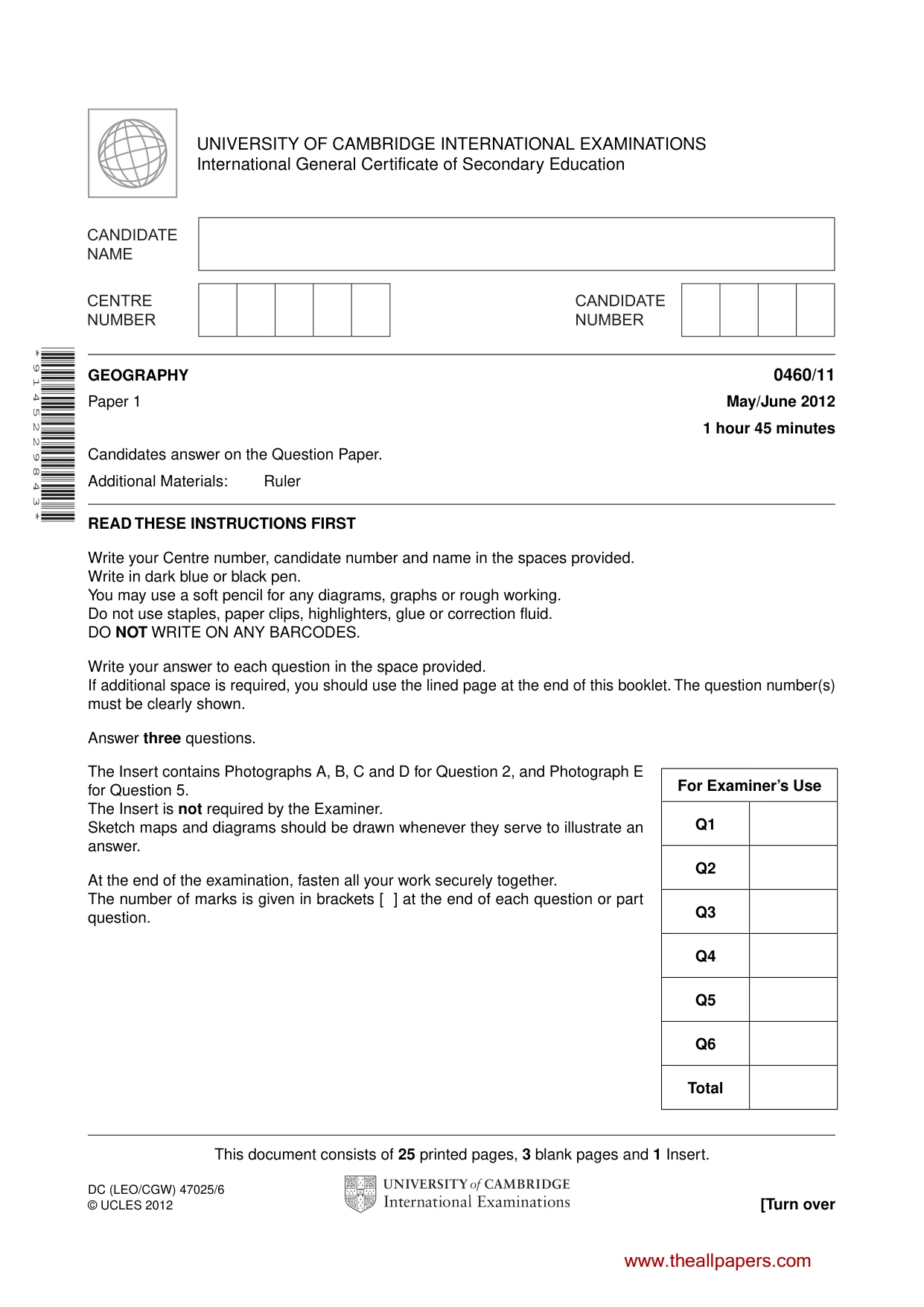 Cambridge IGCSE Geography 0460 2012 May/June Paper 1 · Variant 1 question paper, page 1 of 28