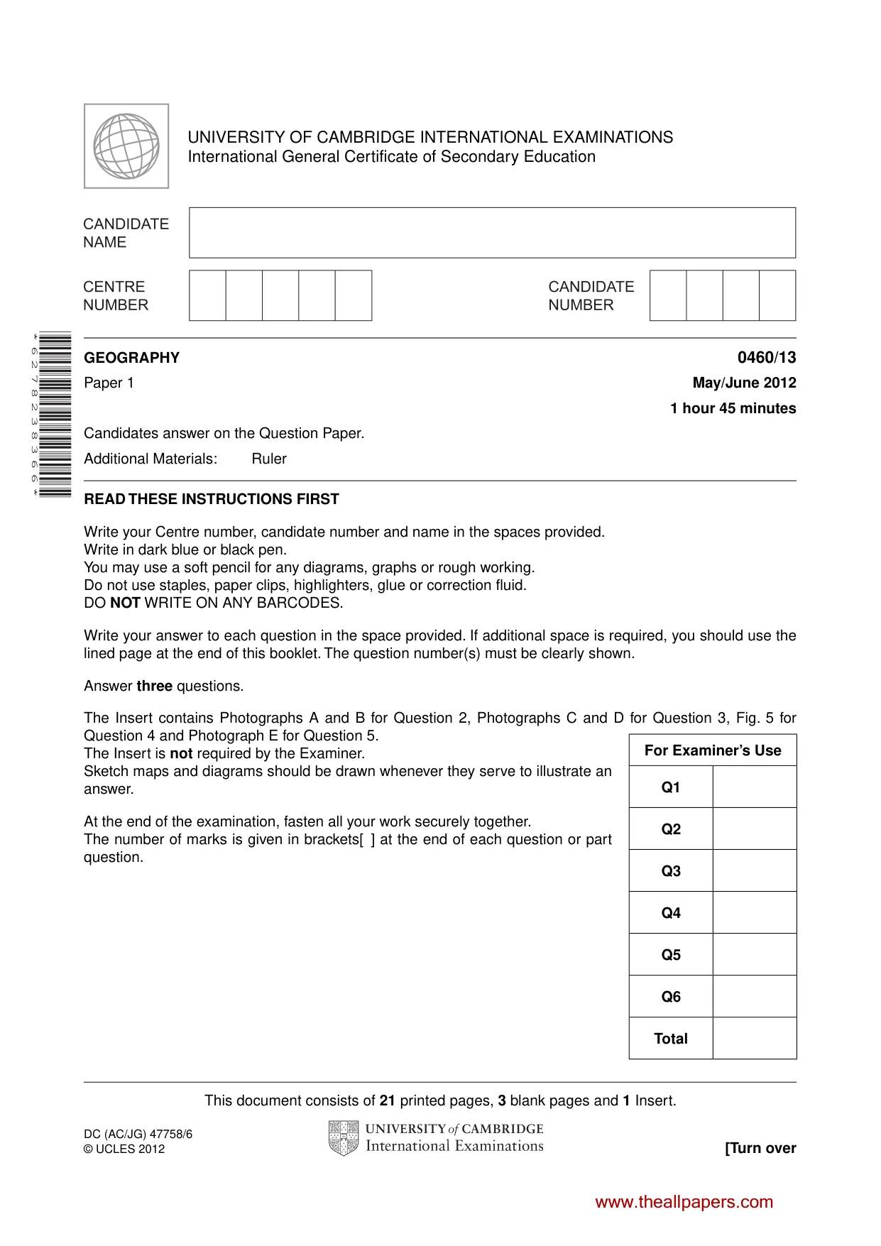 Cambridge IGCSE Geography 0460 2012 May/June Paper 1 · Variant 3 question paper, page 1 of 24