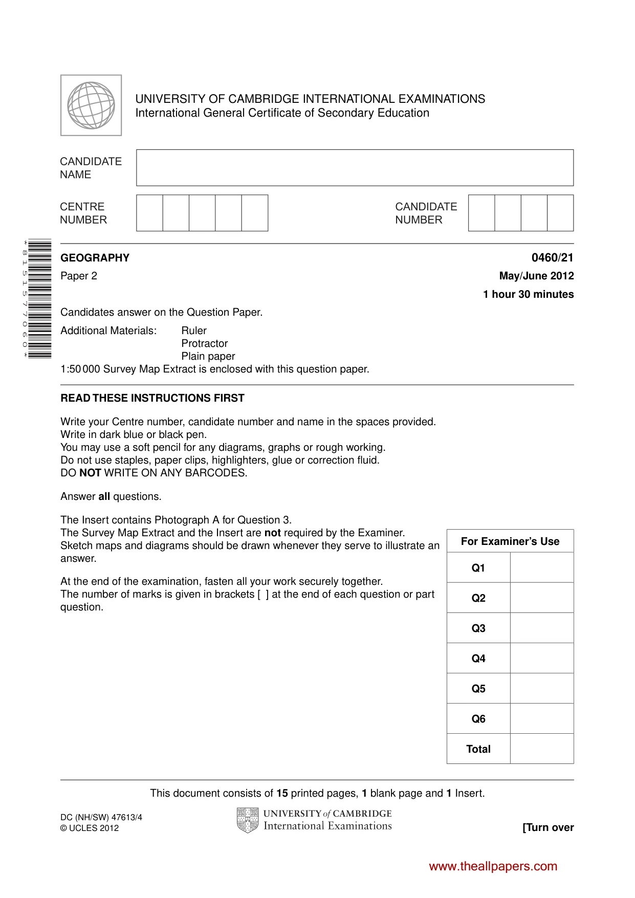 Cambridge IGCSE Geography 0460 2012 May/June Paper 2 · Variant 1 question paper, page 1 of 16
