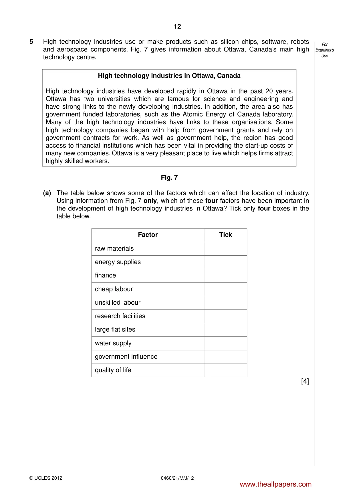 Cambridge IGCSE Geography 0460 2012 May/June Paper 2 · Variant 1 question paper, page 12 of 16