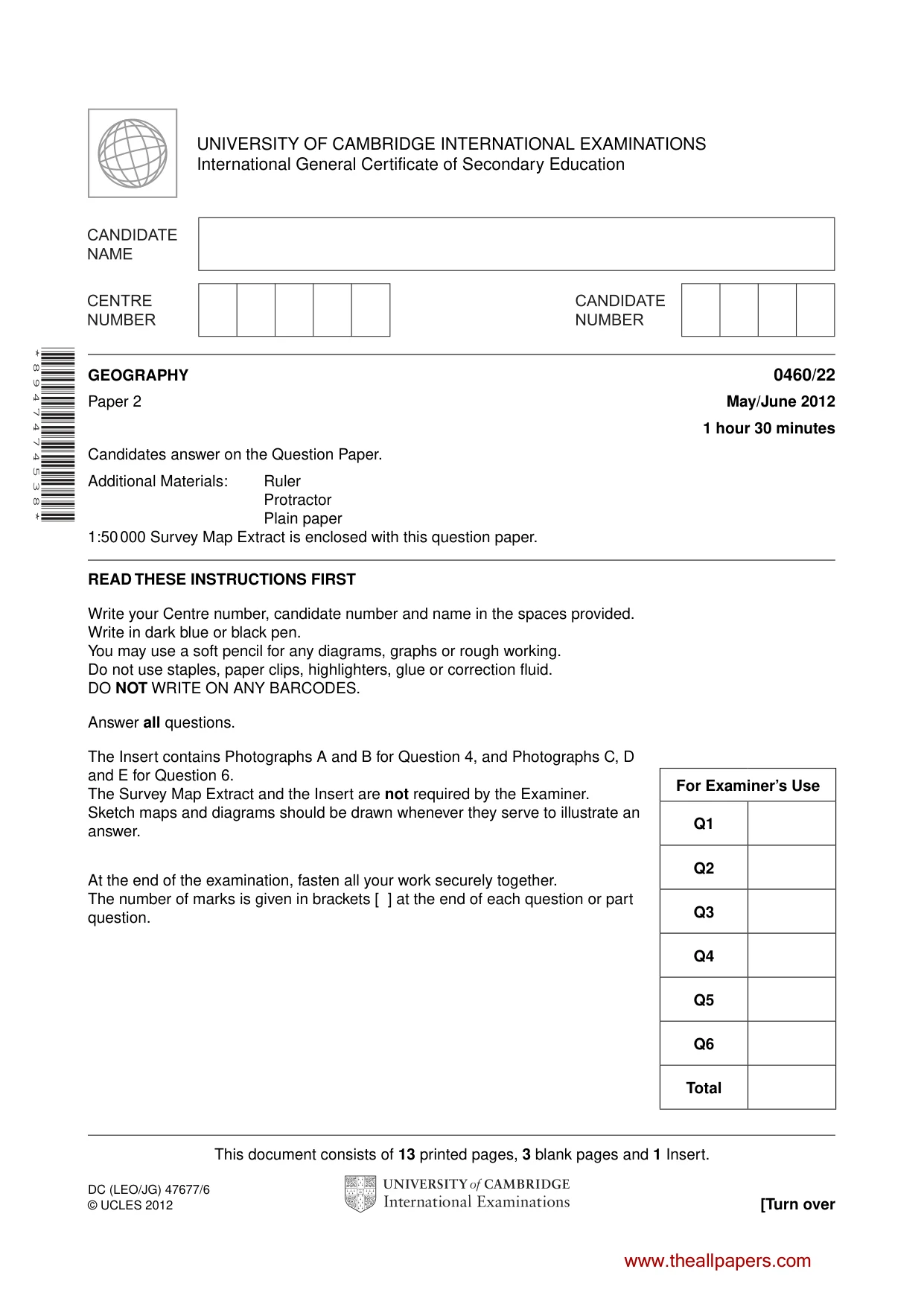 Cambridge IGCSE Geography 0460 2012 May/June Paper 2 · Variant 2 question paper, page 1 of 16