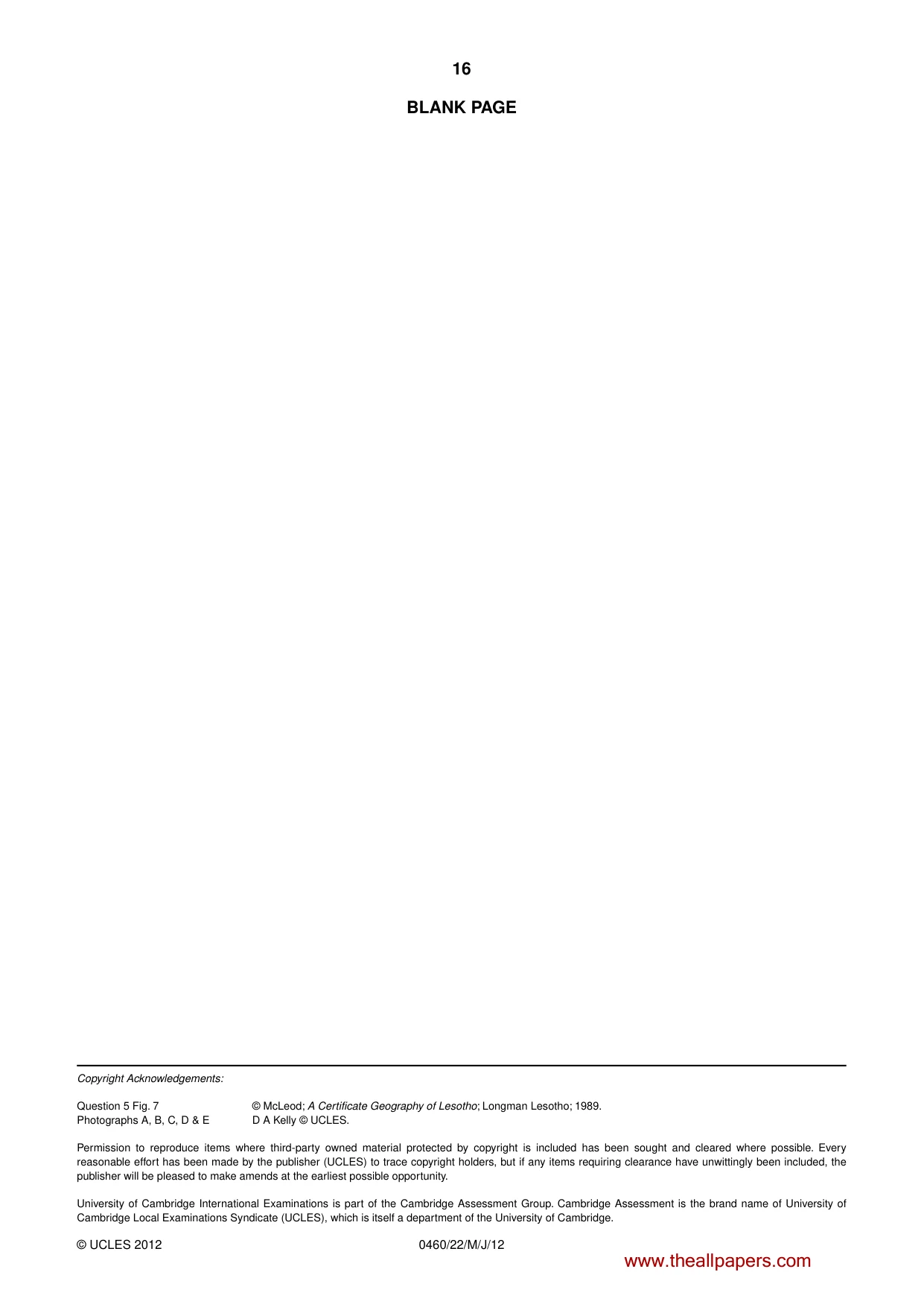 Cambridge IGCSE Geography 0460 2012 May/June Paper 2 · Variant 2 question paper, page 16 of 16