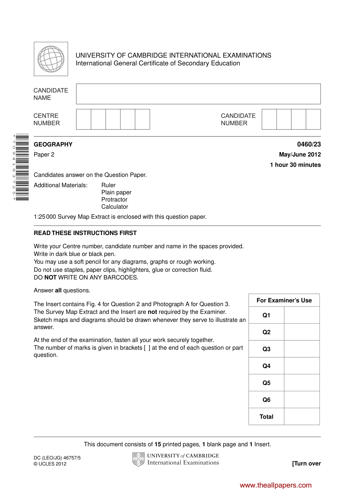 Cambridge IGCSE Geography 0460 2012 May/June Paper 2 · Variant 3 question paper, page 1 of 16