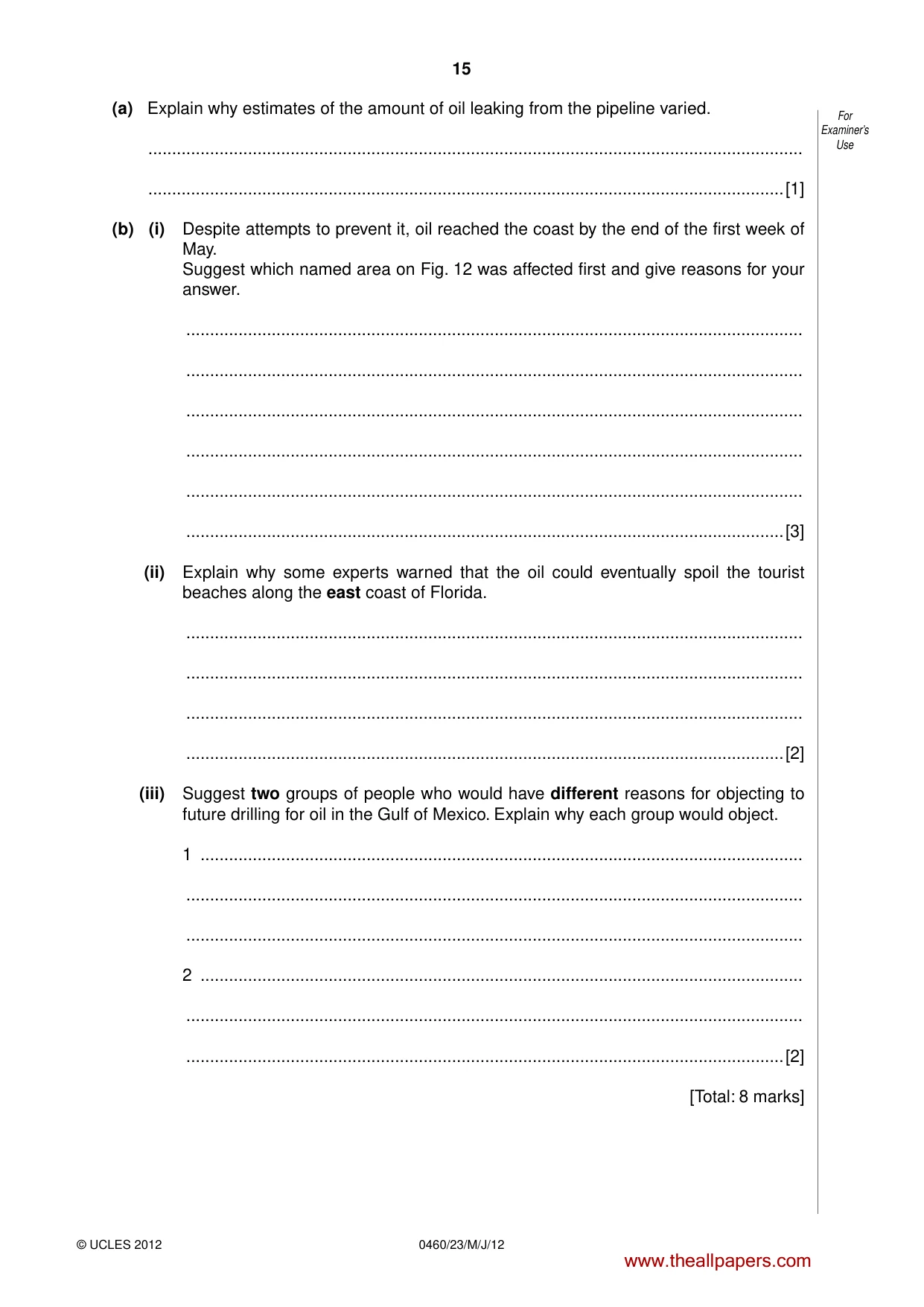 Cambridge IGCSE Geography 0460 2012 May/June Paper 2 · Variant 3 question paper, page 15 of 16