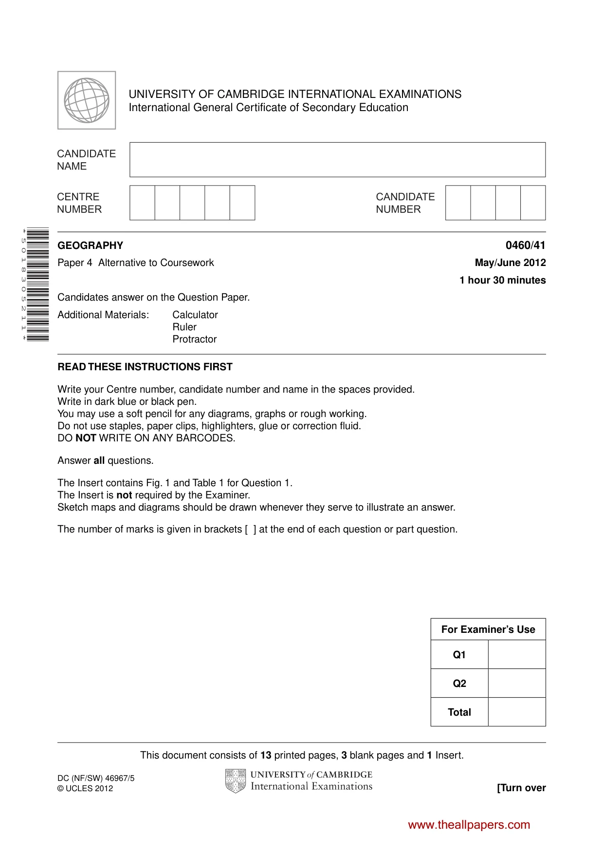 Cambridge IGCSE Geography 0460 2012 May/June Paper 4 · Variant 1 question paper, page 1 of 16