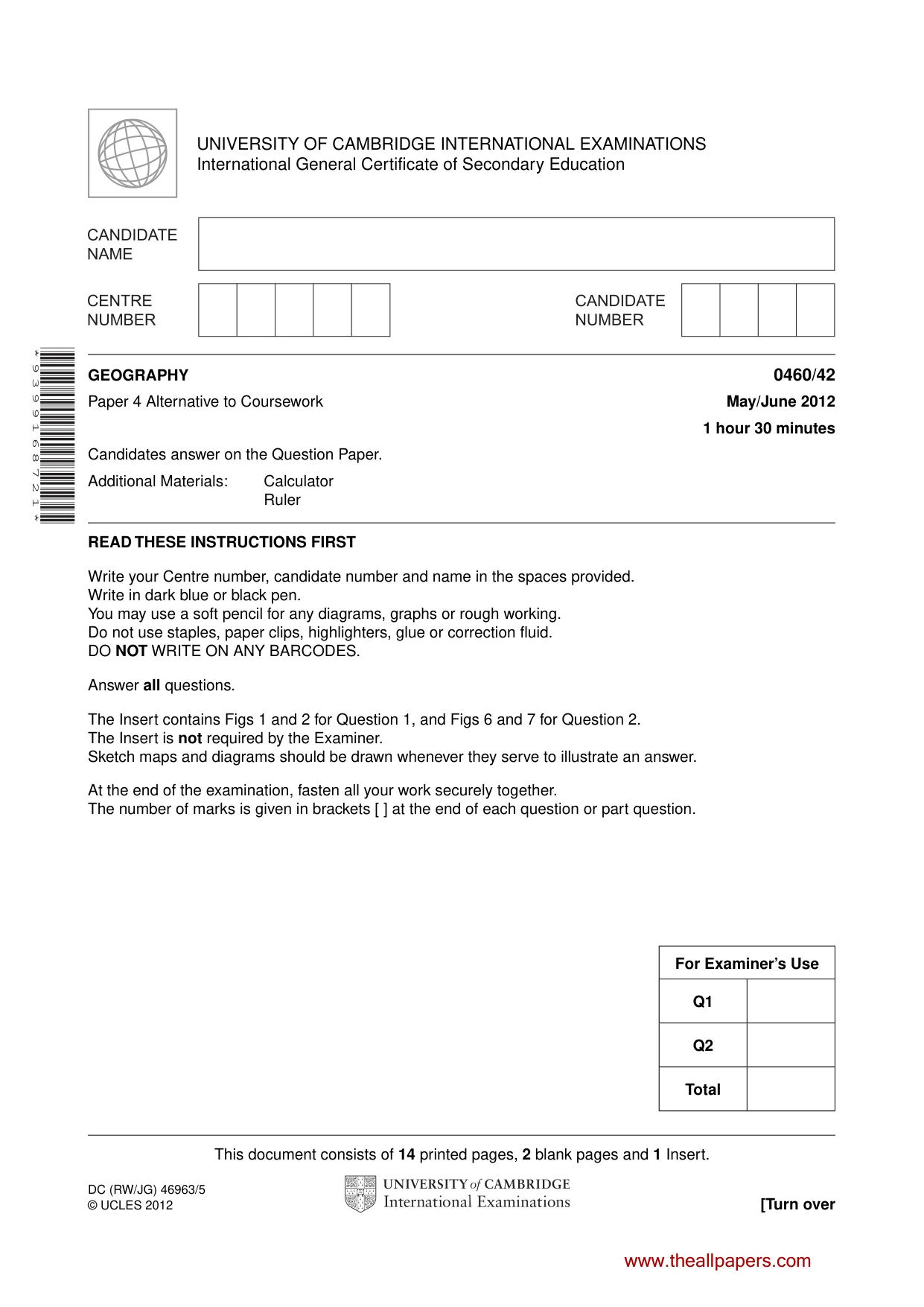 Cambridge IGCSE Geography 0460 2012 May/June Paper 4 · Variant 2 question paper, page 1 of 16