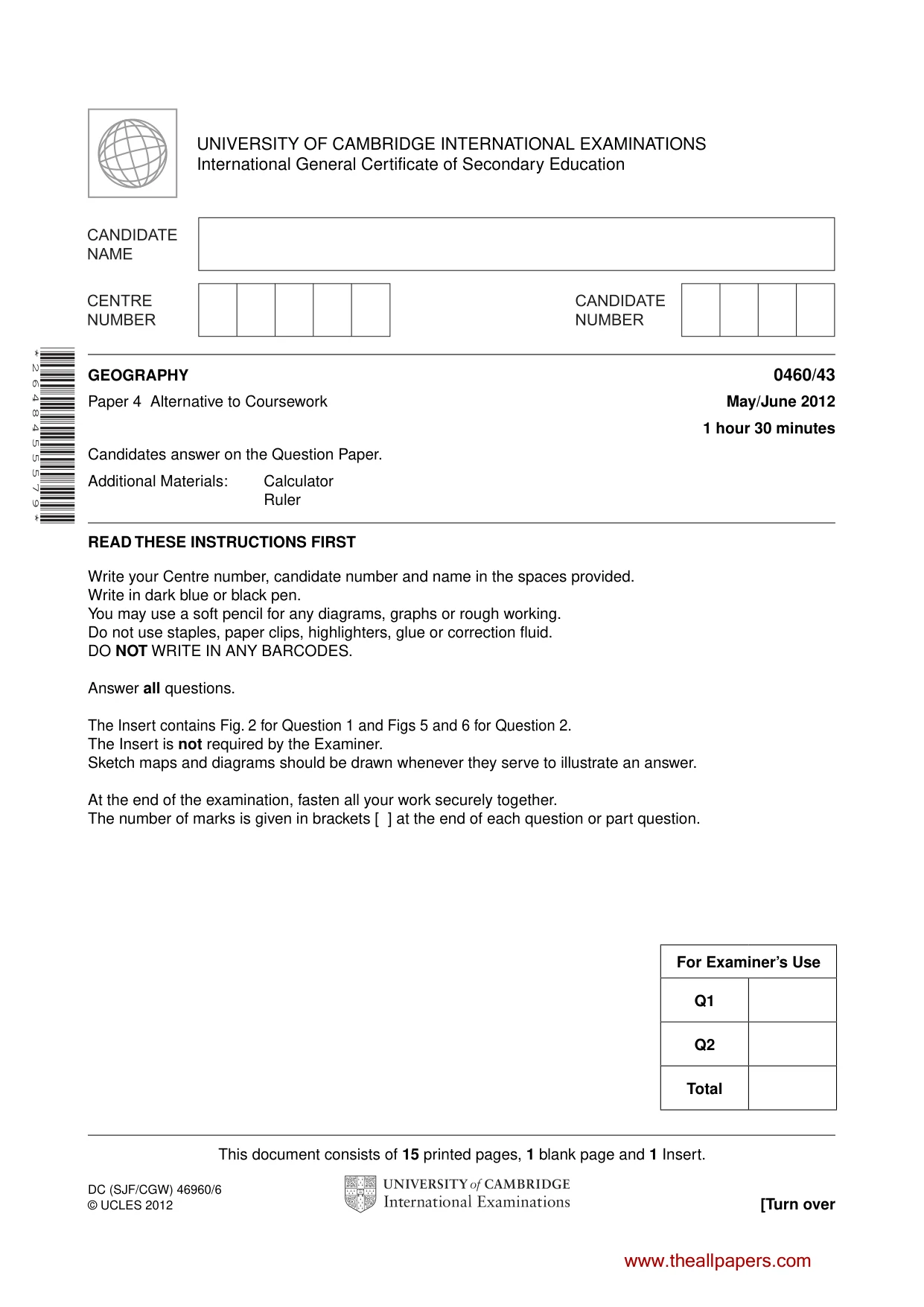 Cambridge IGCSE Geography 0460 2012 May/June Paper 4 · Variant 3 question paper, page 1 of 16